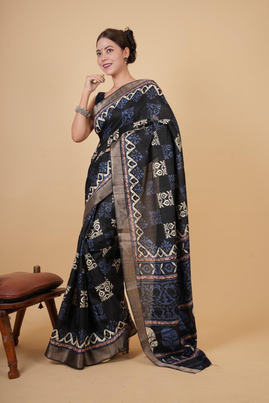 Soft Cotton Silk With Overall Printed & Zari Bordered Ready To Wear Saree