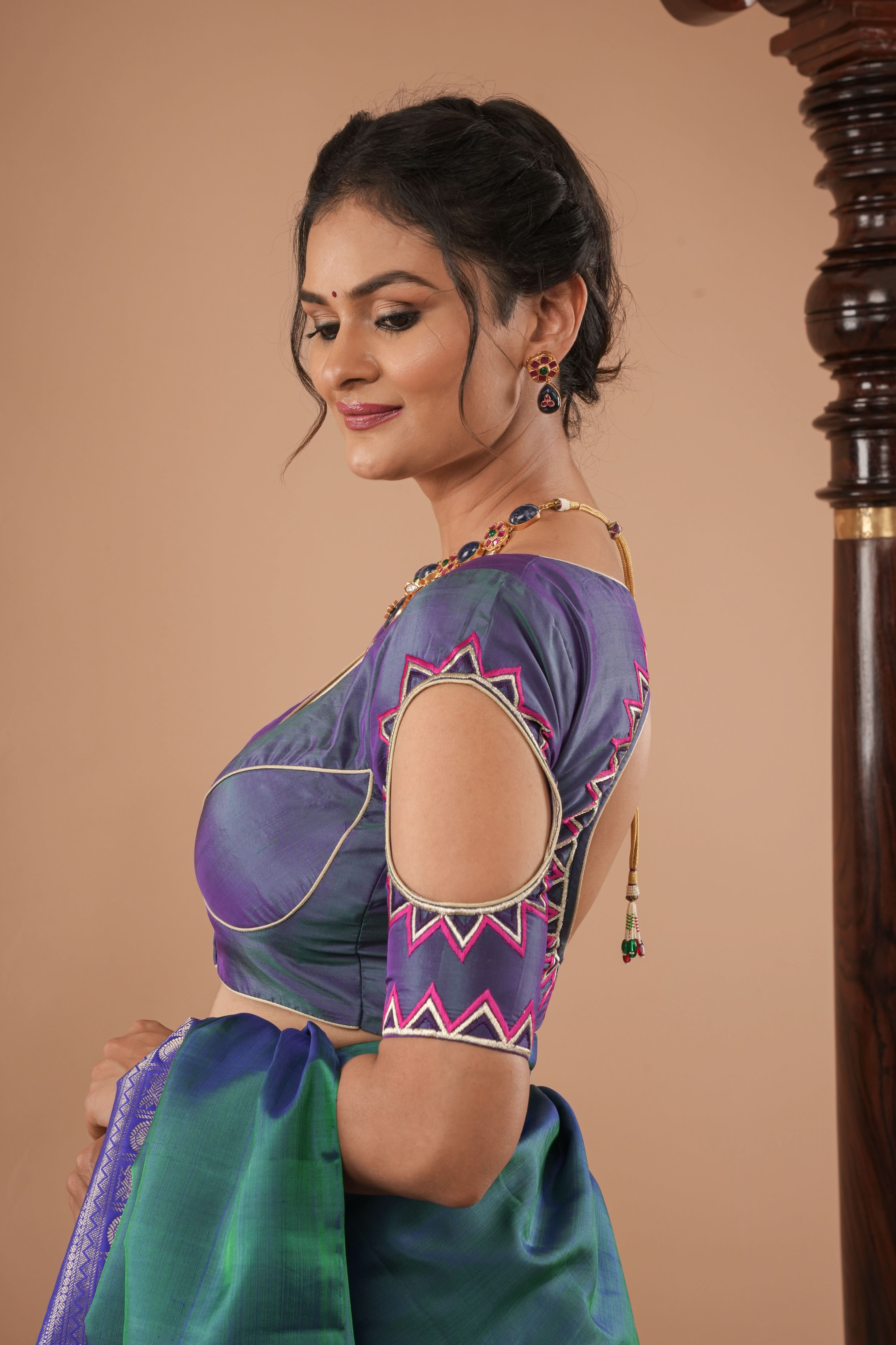 Peacock Blue Pure Silk Blouse With Mandala Cutout And Sunburst Embroidery | Shobitam