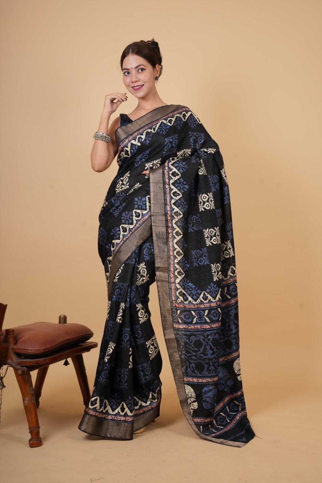 Soft Cotton Silk With Overall Printed & Zari Bordered Ready To Wear Saree