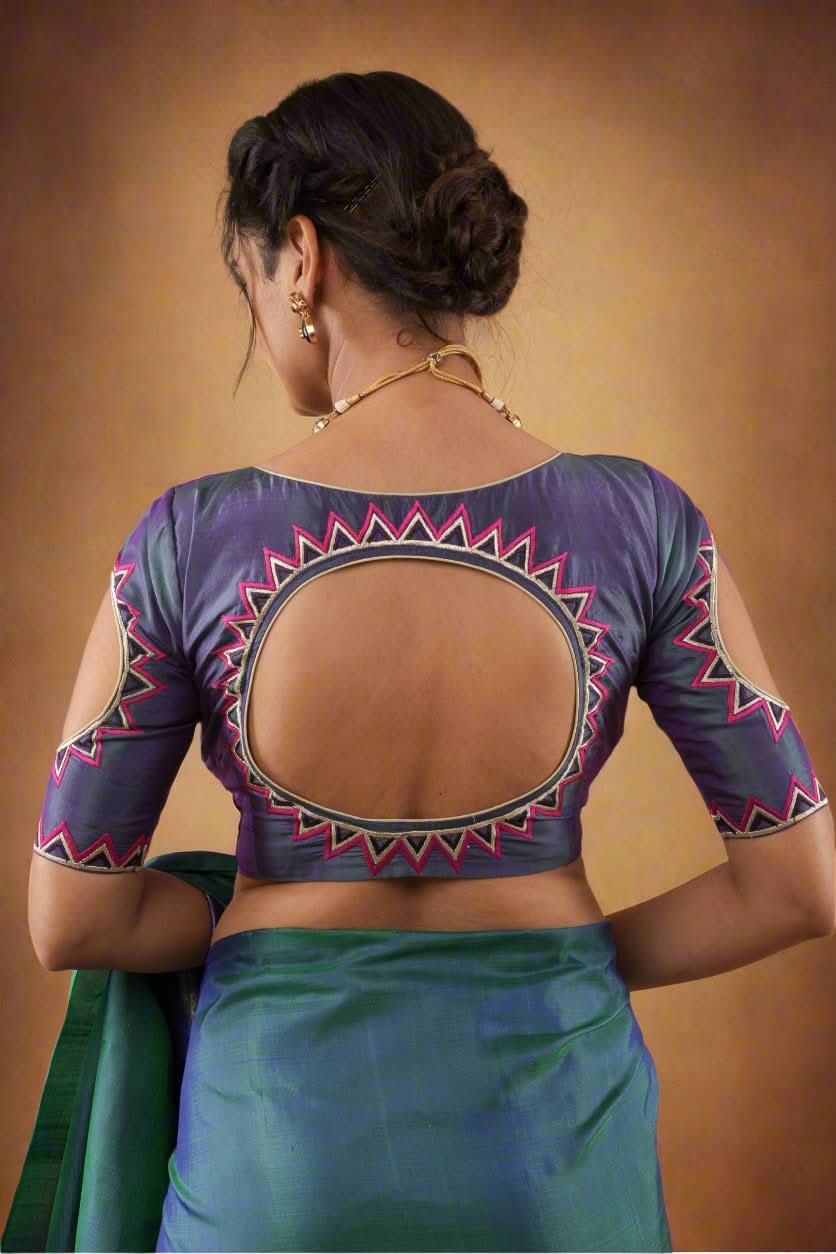 Peacock Blue Pure Silk Blouse With Mandala Cutout And Sunburst Embroidery | Shobitam