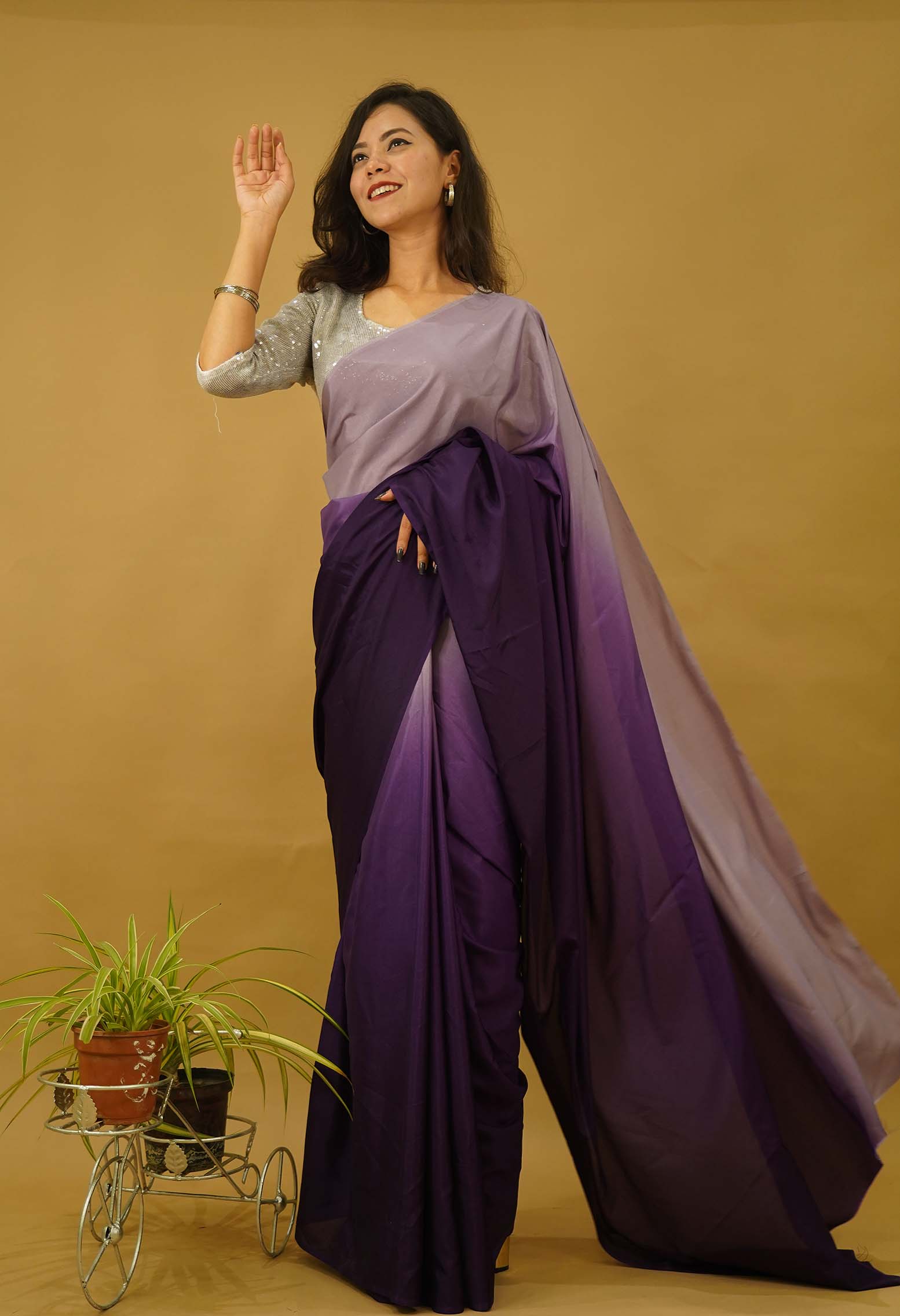Ready to wear saree Georgette silk Purple Ombre Shaded  Wrap in one minute saree
