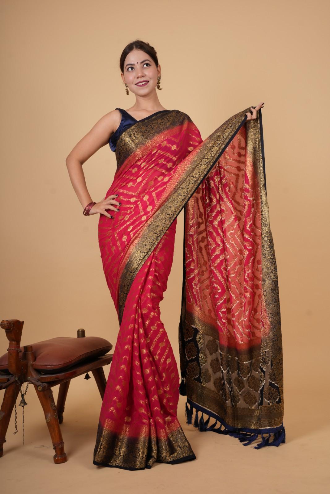 Beautiful Pink Zari Woven Overall Banarasi Georgette Silk With Contrast Border And Ornate Palla Ready To Wear Saree