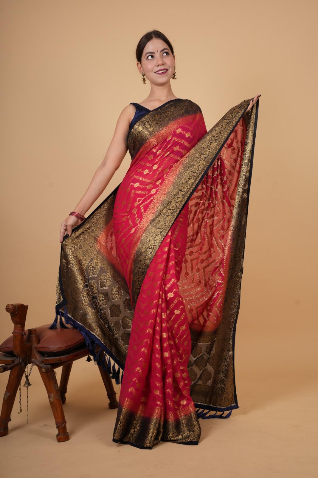 Beautiful Pink Zari Woven Overall Banarasi Georgette Silk With Contrast Border And Ornate Palla Ready To Wear Saree