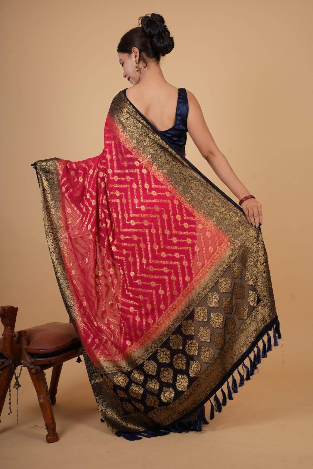 Beautiful Pink Zari Woven Overall Banarasi Georgette Silk With Contrast Border And Ornate Palla Ready To Wear Saree