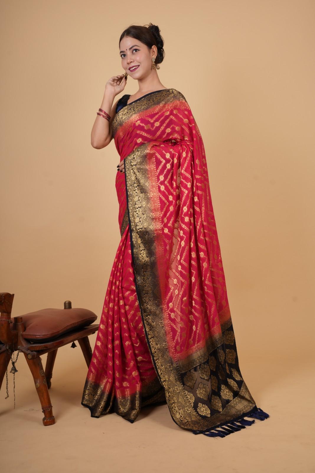 Beautiful Pink Zari Woven Overall Banarasi Georgette Silk With Contrast Border And Ornate Palla Ready To Wear Saree