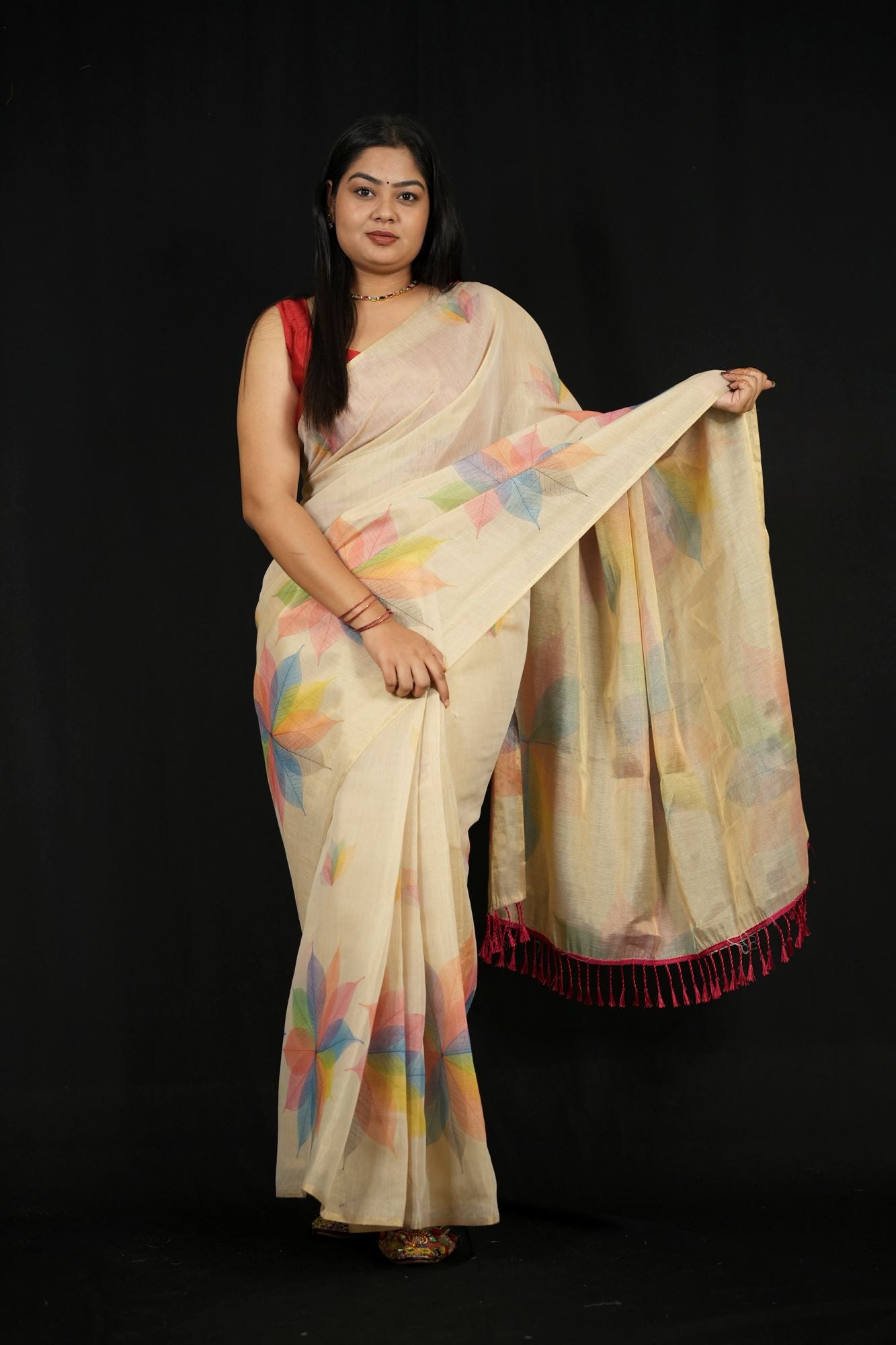 Silk with Multicolored Leaf Print Ready To Wear Saree