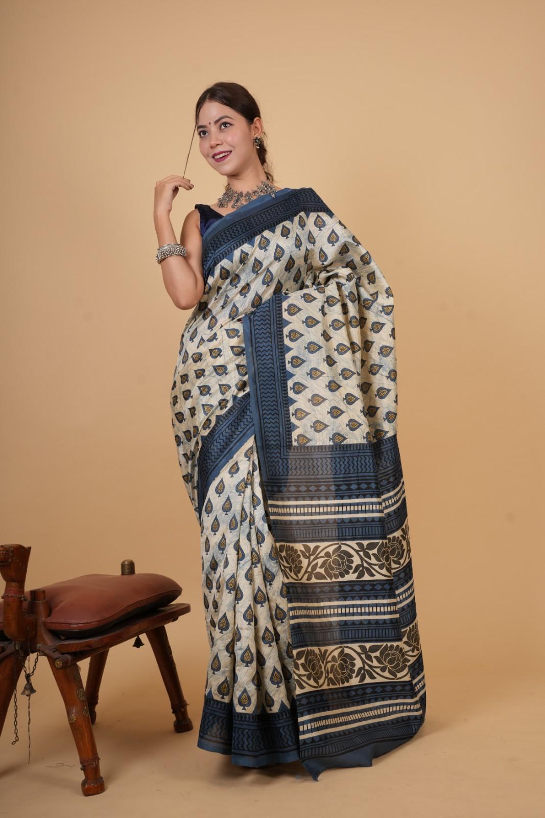 Ready To Wear off white with Dabu printed Wrap in 1 minute saree