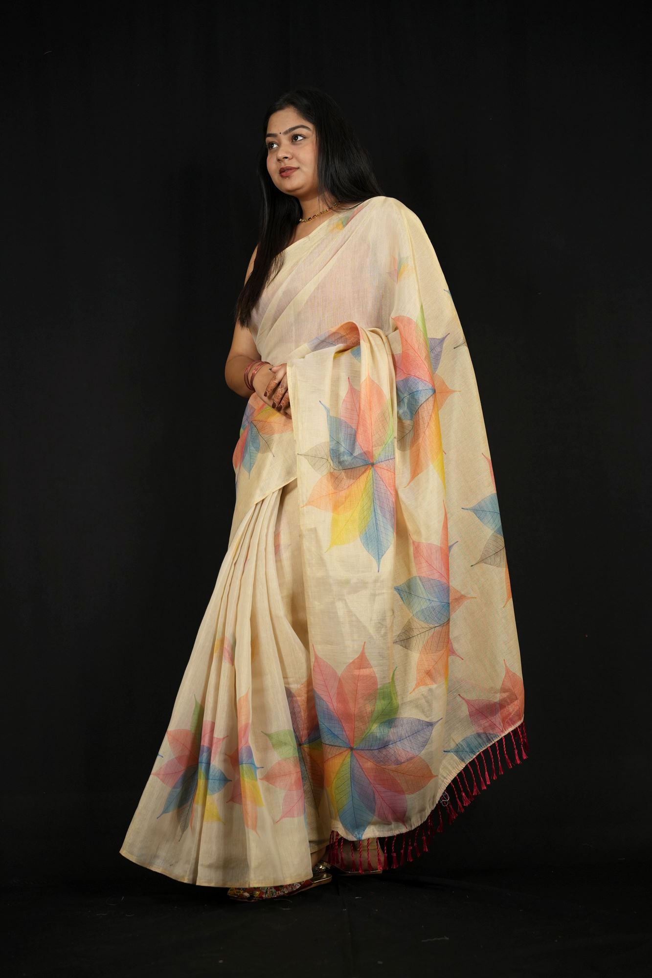 Silk with Multicolored Leaf Print Ready To Wear Saree