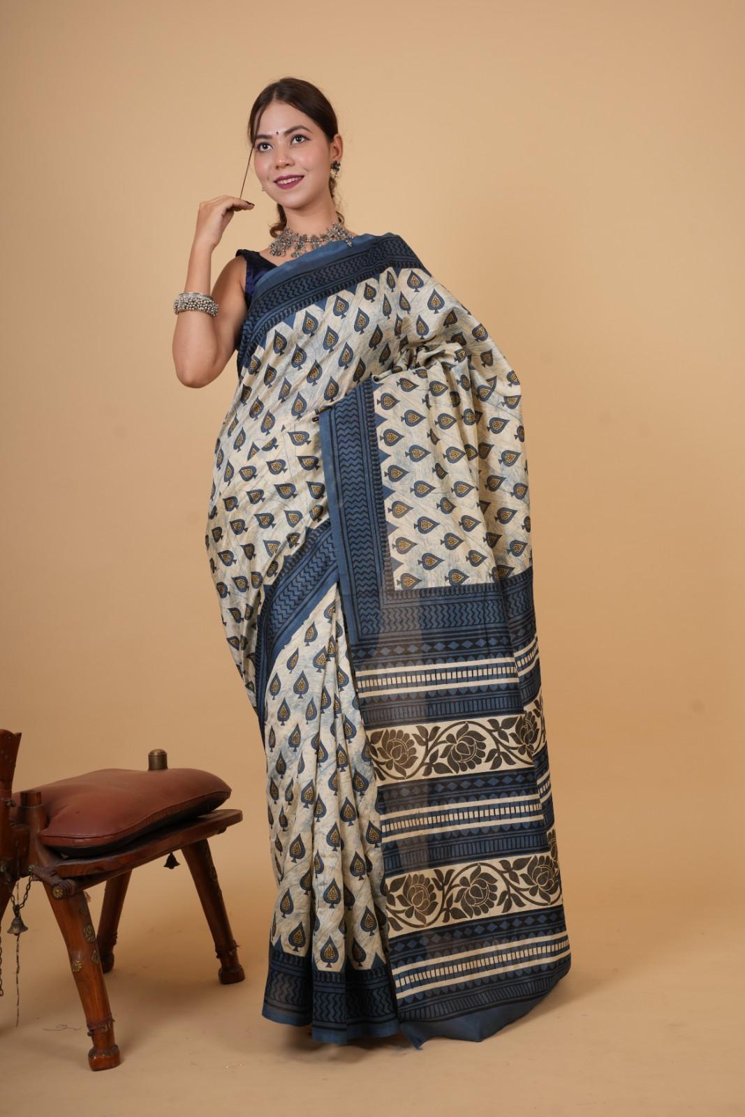 Ready To Wear off white with Dabu printed Wrap in 1 minute saree