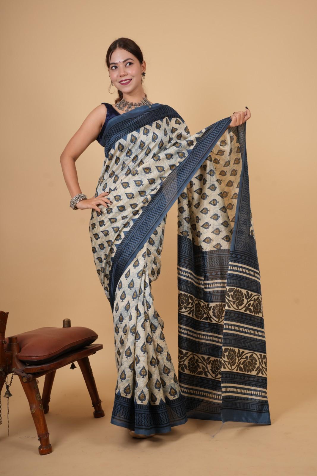 Ready To Wear off white with Dabu printed Wrap in 1 minute saree