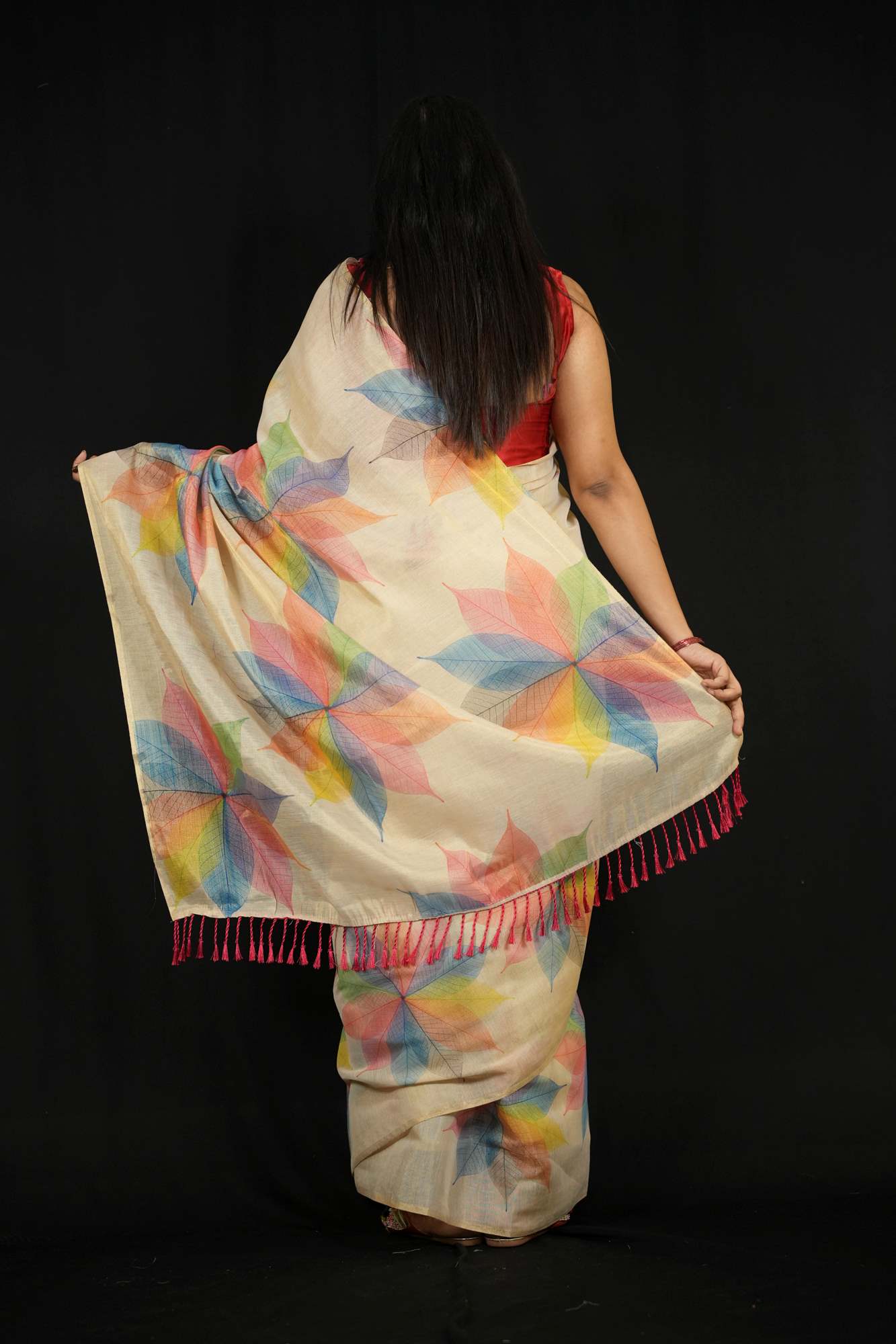 Silk with Multicolored Leaf Print Ready To Wear Saree