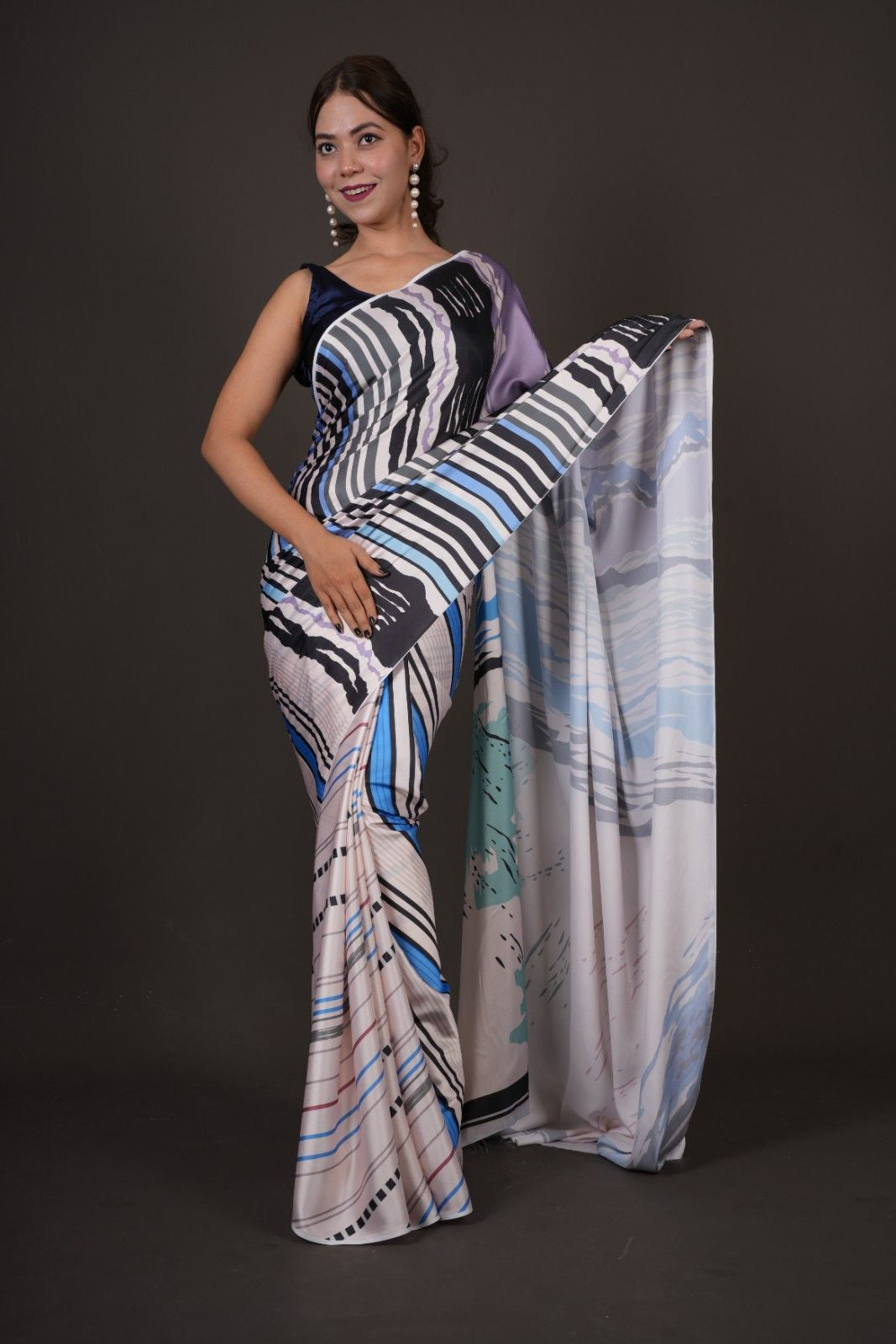 Ready To Wear Floss Japan Satin  With Geometric pattern Printed Wrap in 1 minute saree