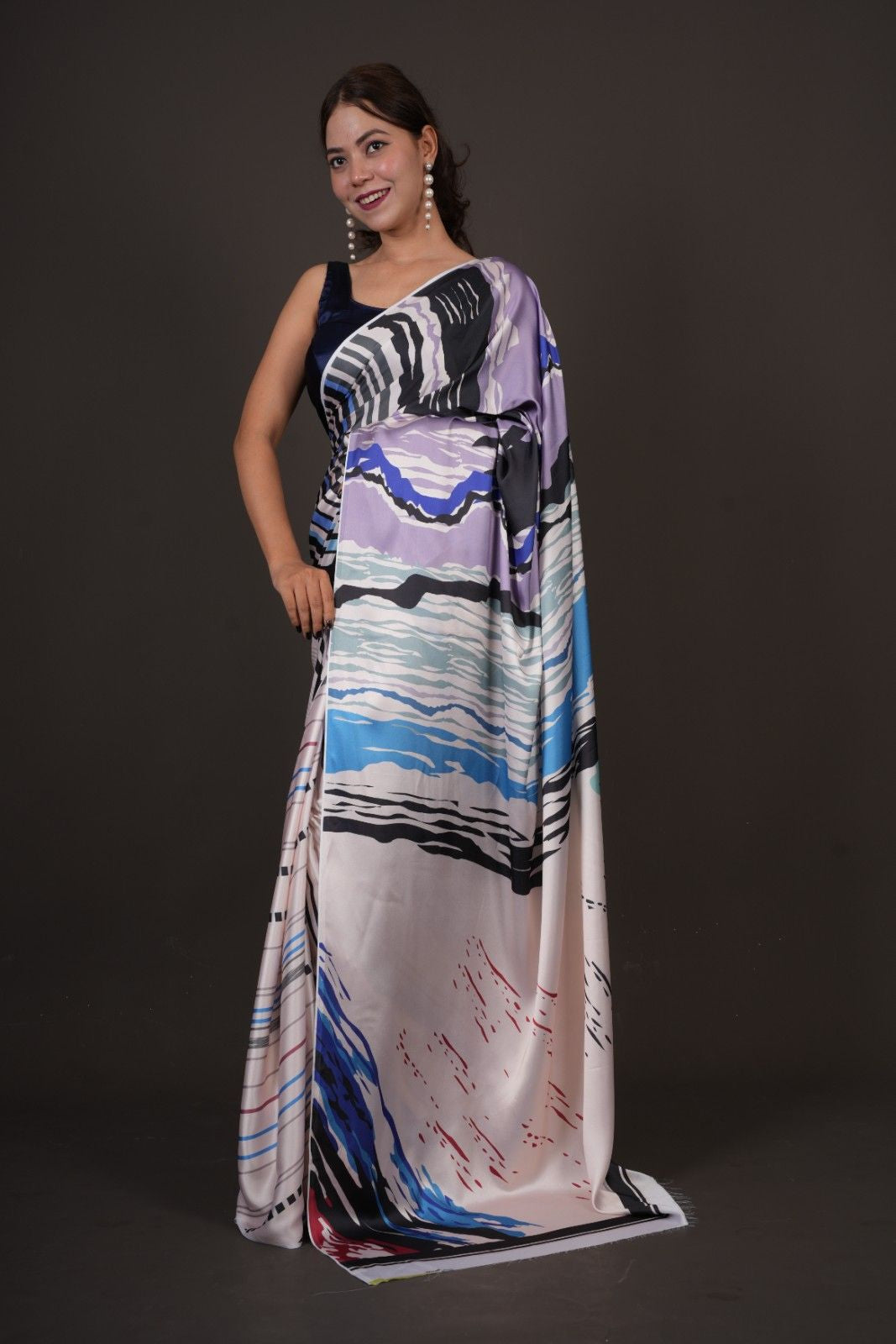 Ready To Wear Floss Japan Satin  With Geometric pattern Printed Wrap in 1 minute saree