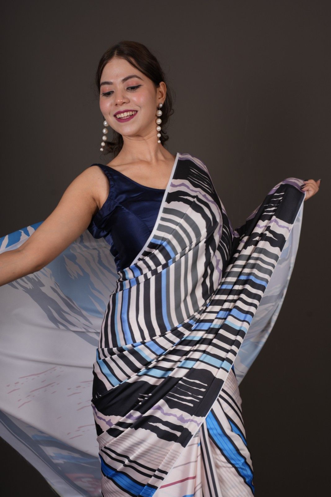 Ready To Wear Floss Japan Satin  With Geometric pattern Printed Wrap in 1 minute saree