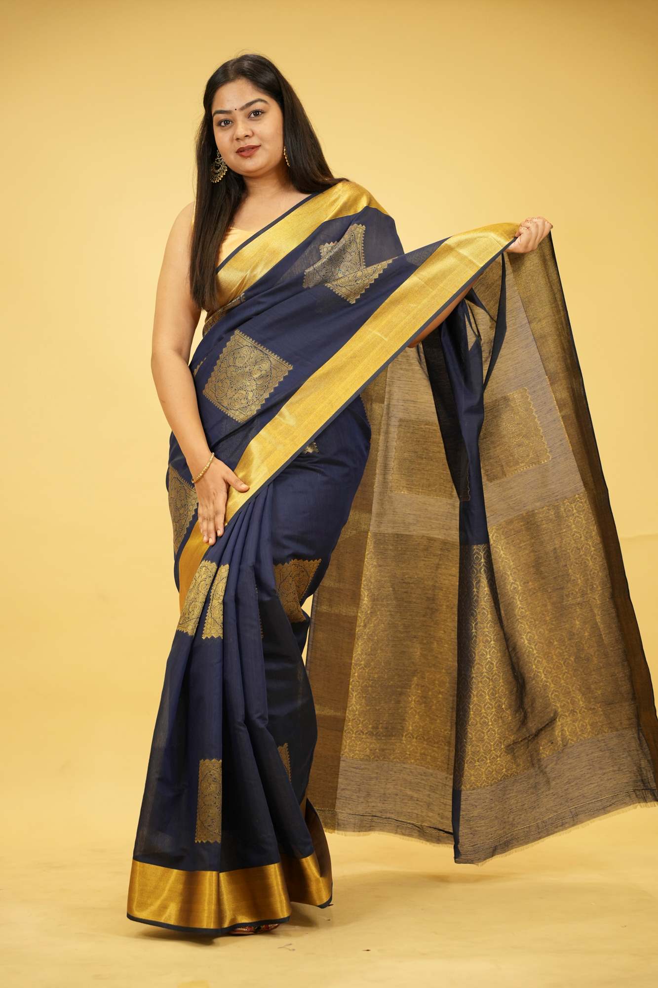 Navy Blue Silk with Golden Woven Buta and Contrast Zari Border Ready To Wear Saree