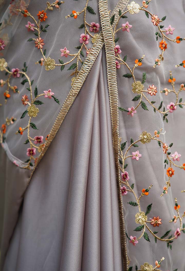 Light Mauve Net Floral Heavy  Embroidered With Sequin Embellished Georgette Silk Wrap In One Minute Saree