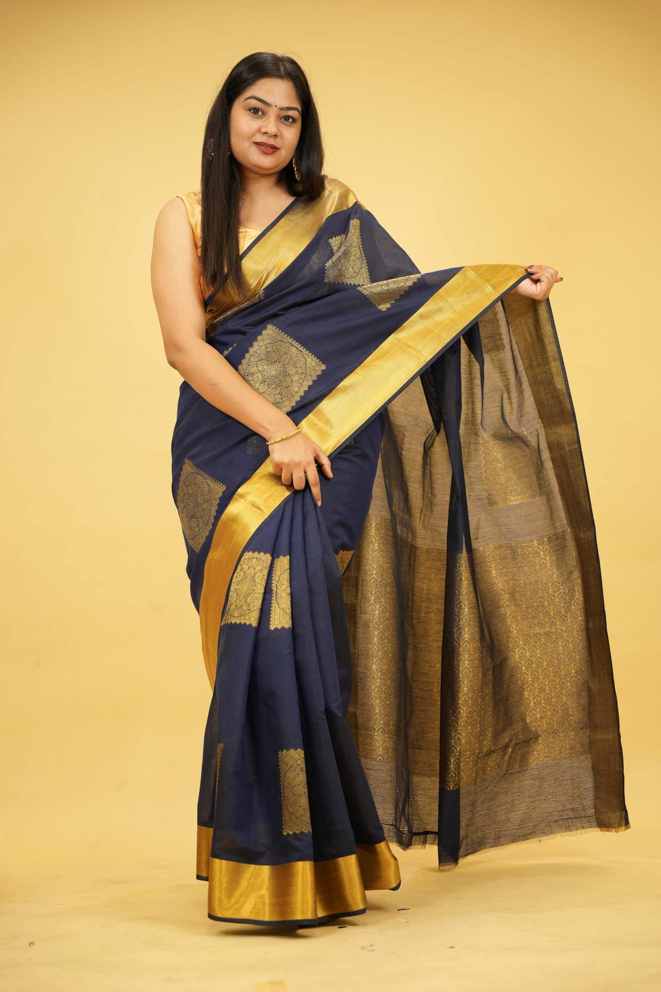 Navy Blue Silk with Golden Woven Buta and Contrast Zari Border Ready To Wear Saree