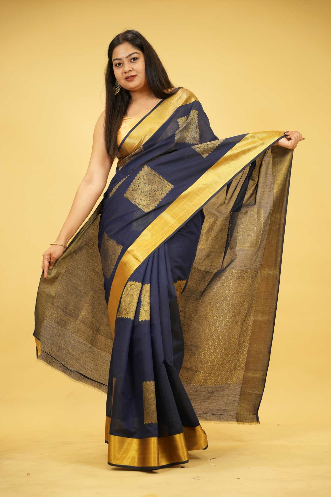 Navy Blue Silk with Golden Woven Buta and Contrast Zari Border Ready To Wear Saree
