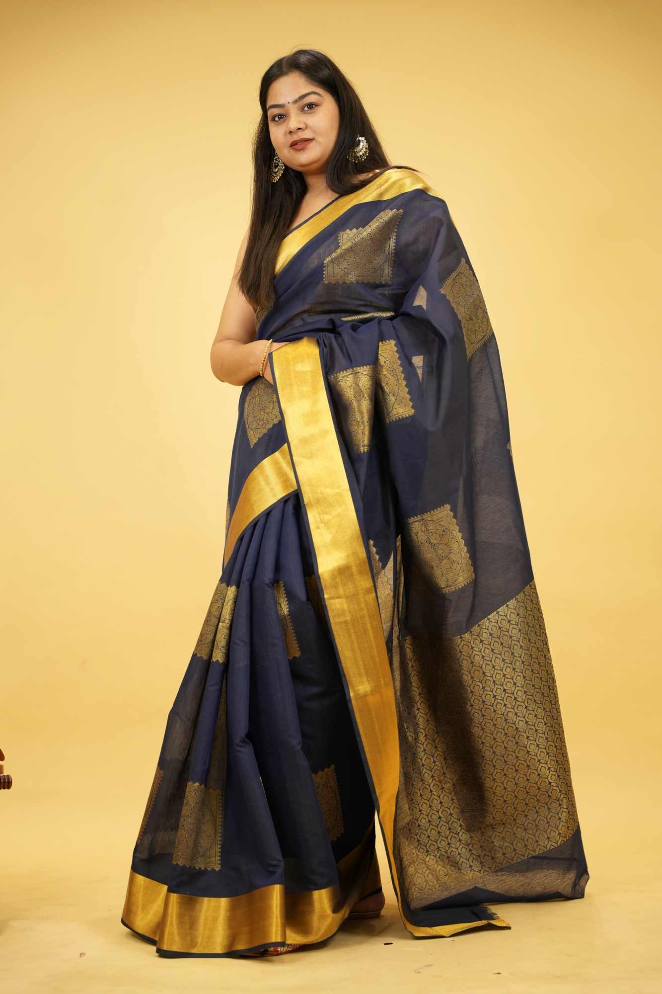 Navy Blue Silk with Golden Woven Buta and Contrast Zari Border Ready To Wear Saree