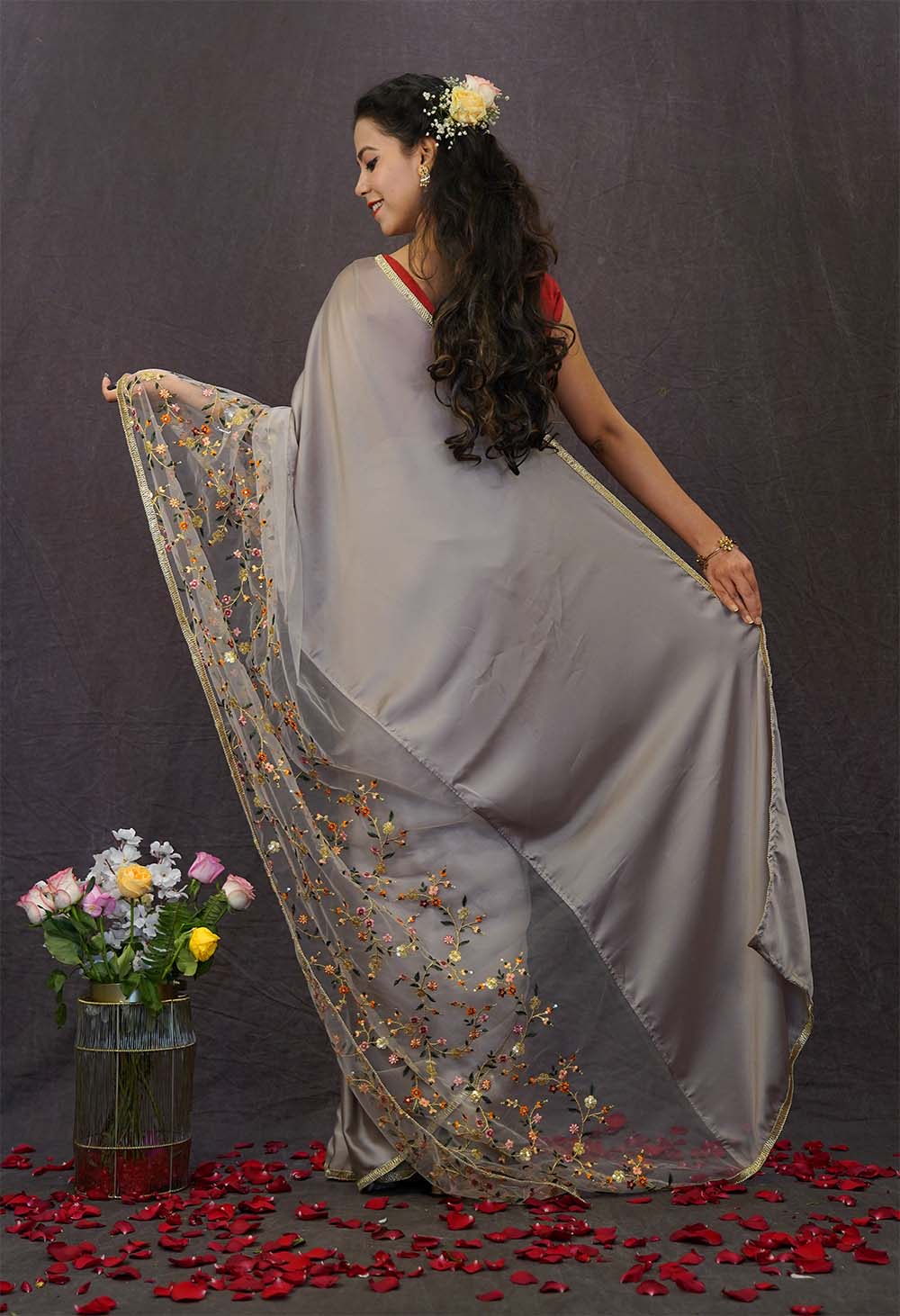 Light Mauve Net Floral Heavy  Embroidered With Sequin Embellished Georgette Silk Wrap In One Minute Saree