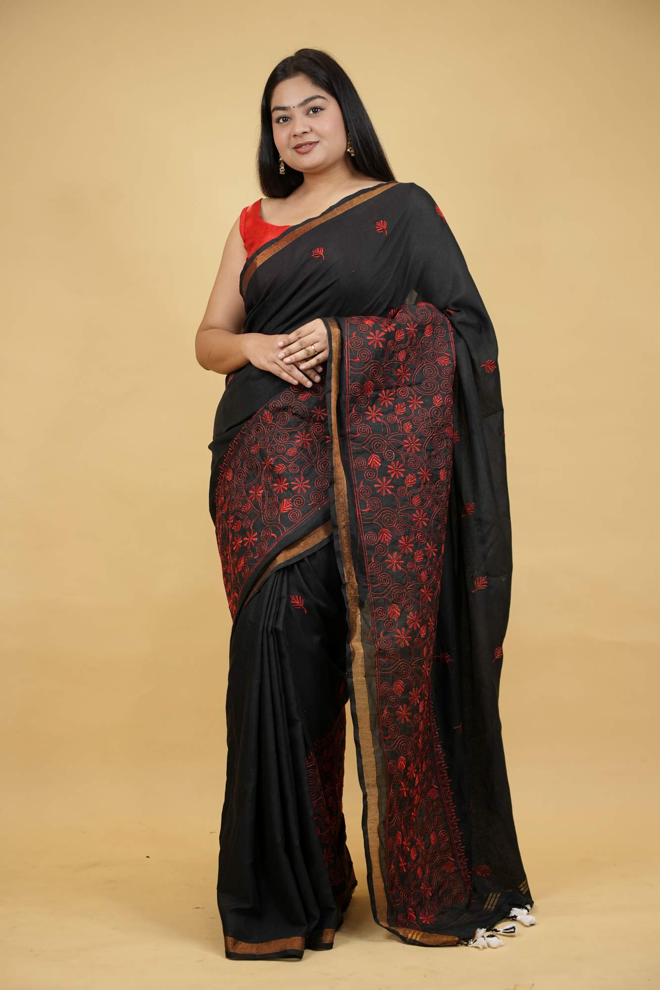 Lightweight Cotton Linen Silk Prestitched Saree with Intricate Red Kantha — Slip, Zip & Shine