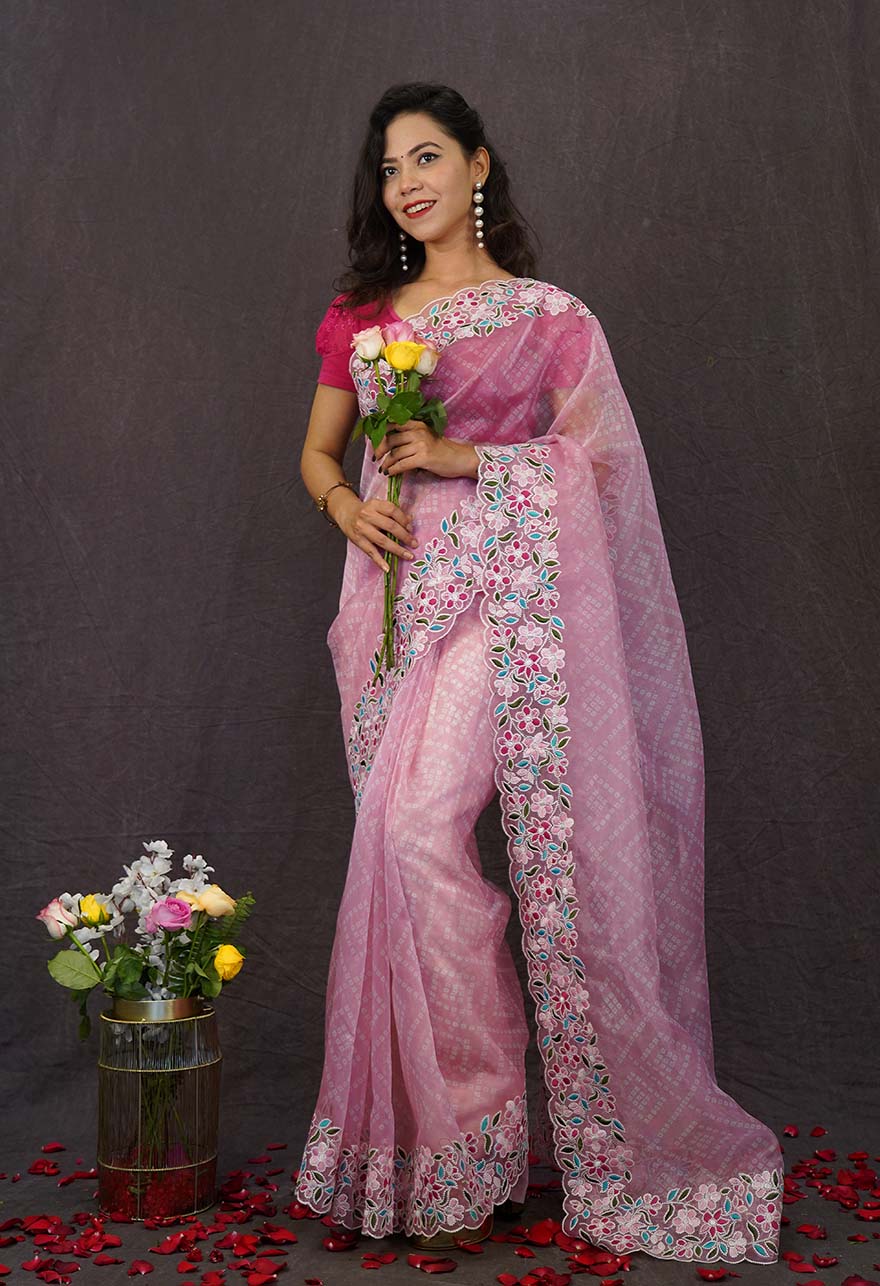 Ready To Wear Bandhej Organza With Traditional Embroidered Bordered Wrap In One Minute Saree