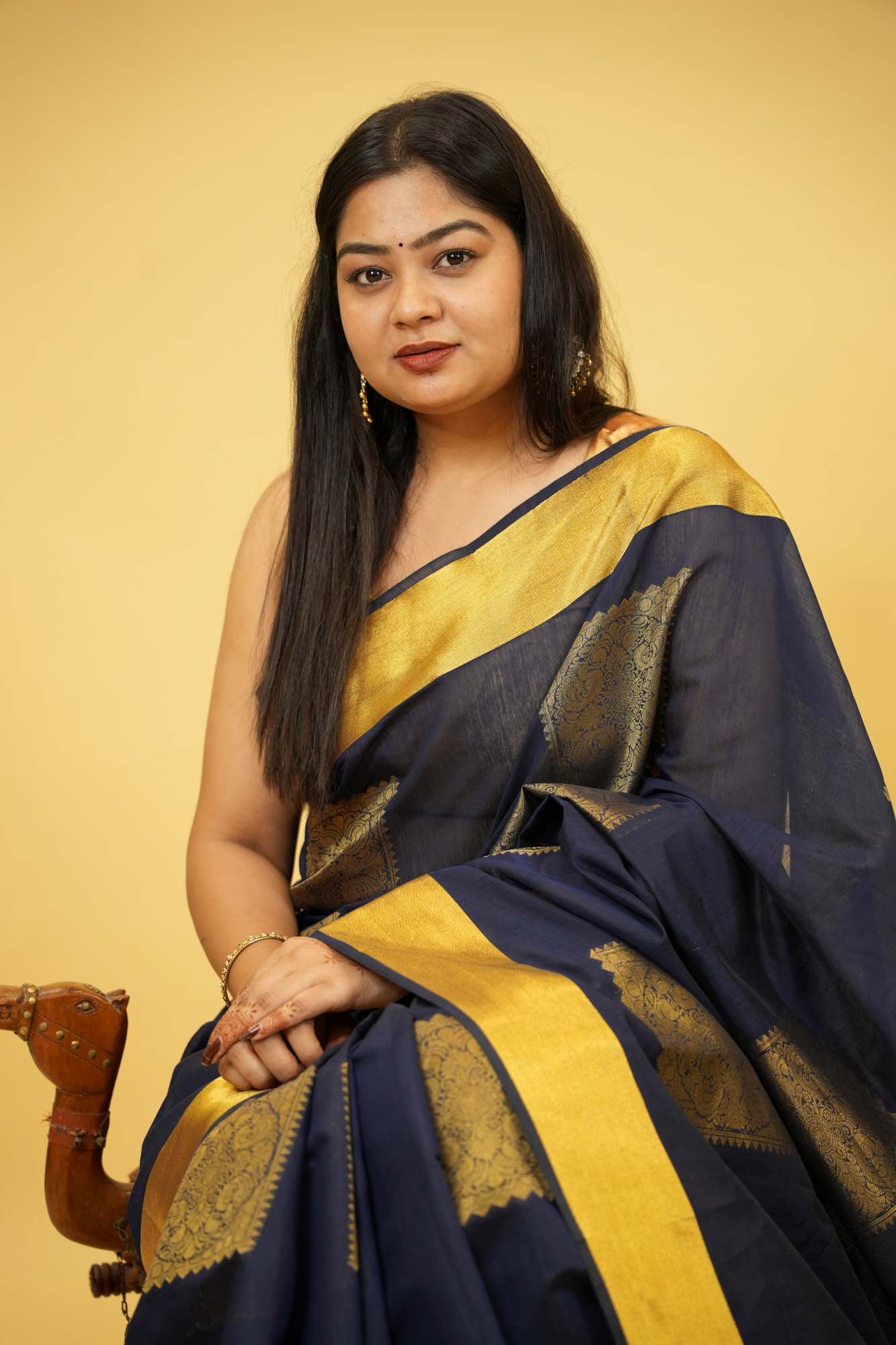 Navy Blue Silk with Golden Woven Buta and Contrast Zari Border Ready To Wear Saree