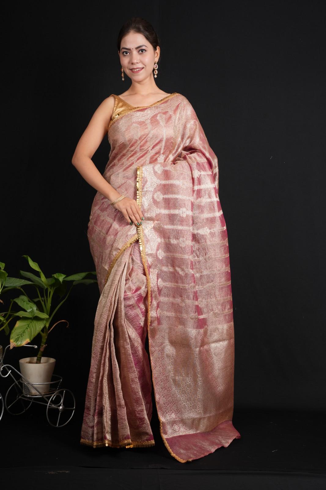 Banarsi Soft Crushed Tissue Silk  With Golden Tikili Lace & All Over Zari Woven Pre Drape Saree