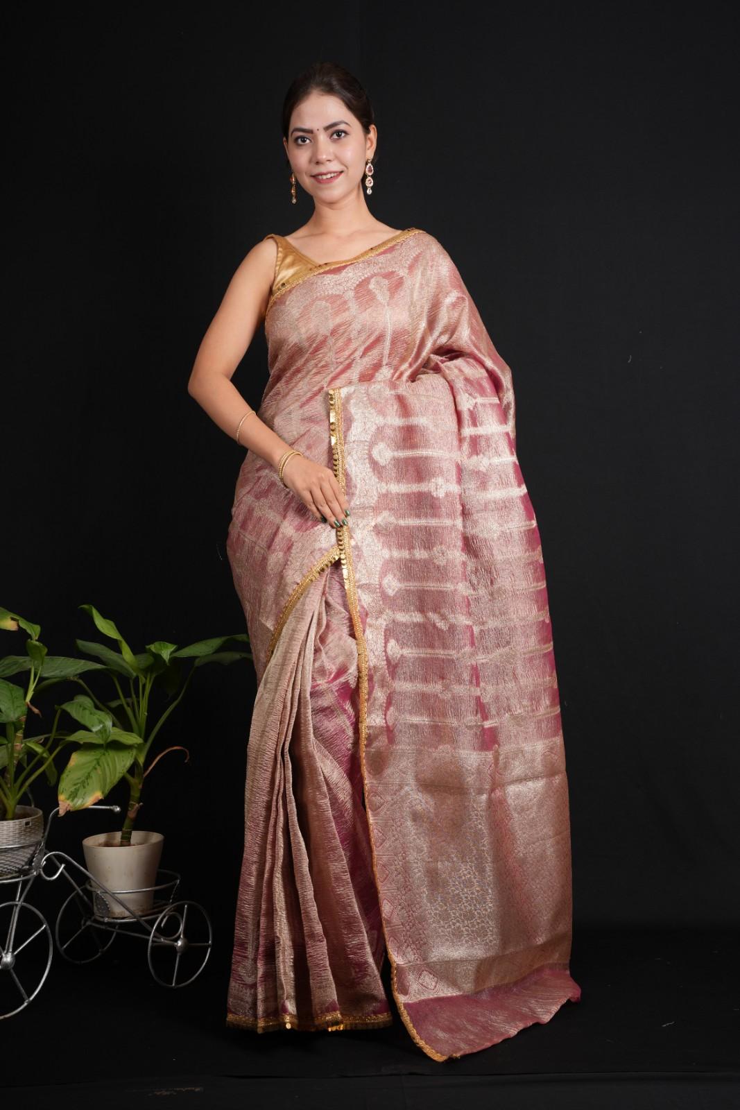 Banarsi Soft Crushed Tissue Silk  With Golden Tikili Lace & All Over Zari Woven Pre Drape Saree