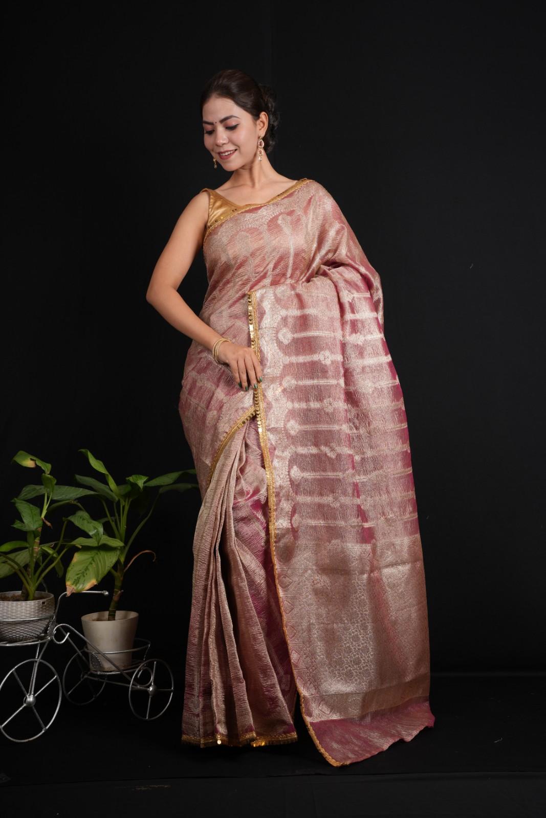 Banarsi Soft Crushed Tissue Silk  With Golden Tikili Lace & All Over Zari Woven Pre Drape Saree