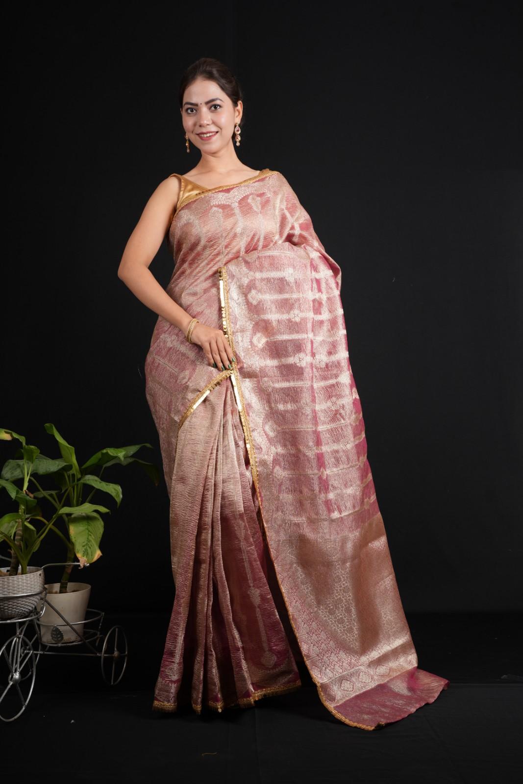 Banarsi Soft Crushed Tissue Silk  With Golden Tikili Lace & All Over Zari Woven Pre Drape Saree