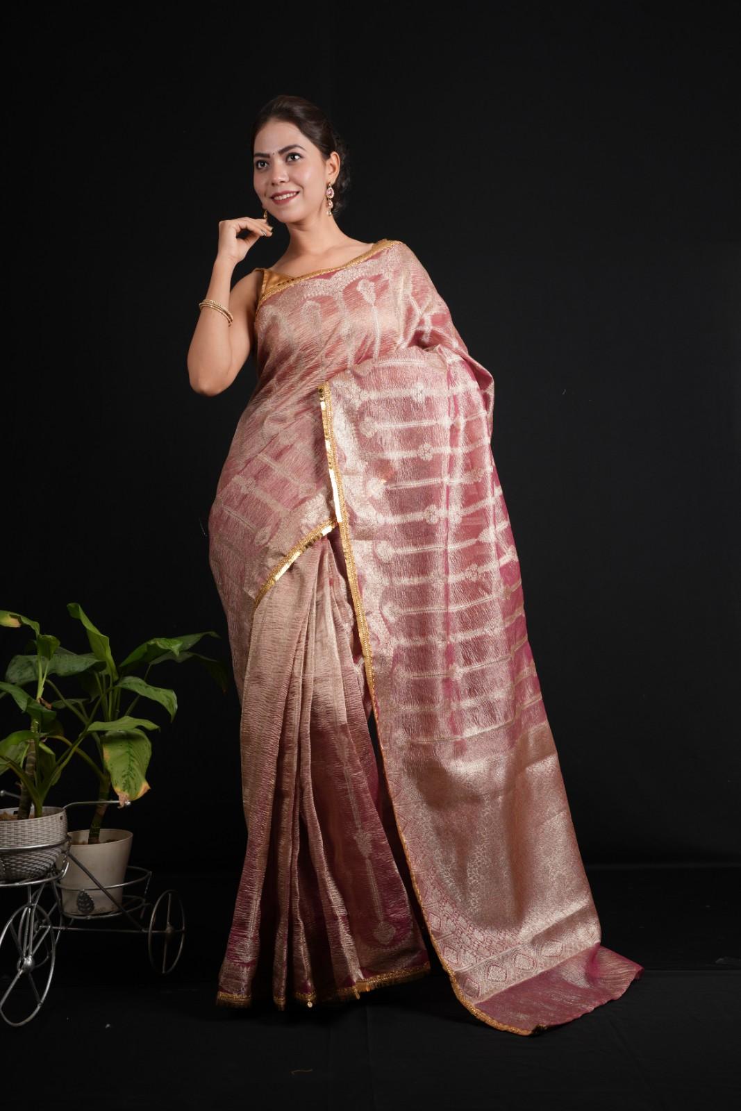 Banarsi Soft Crushed Tissue Silk  With Golden Tikili Lace & All Over Zari Woven Pre Drape Saree