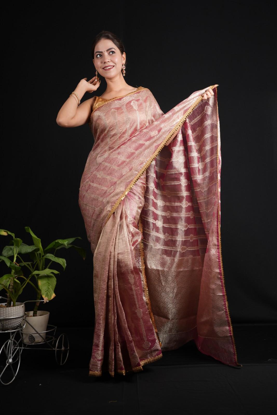 Banarsi Soft Crushed Tissue Silk  With Golden Tikili Lace & All Over Zari Woven Pre Drape Saree