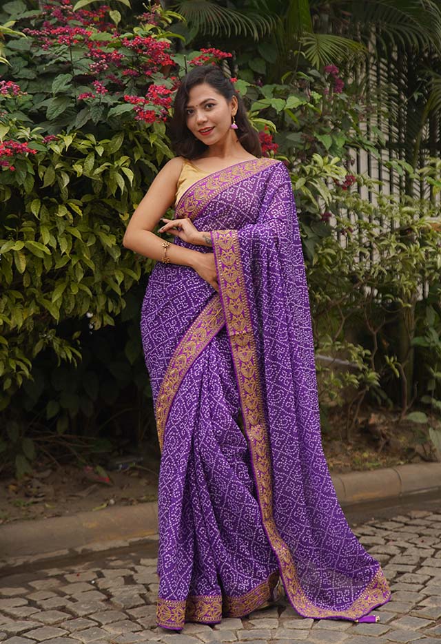 Ready to wear premium Bandhej crushed look With Aari Work Detailed Border Wrap In One Minute Saree