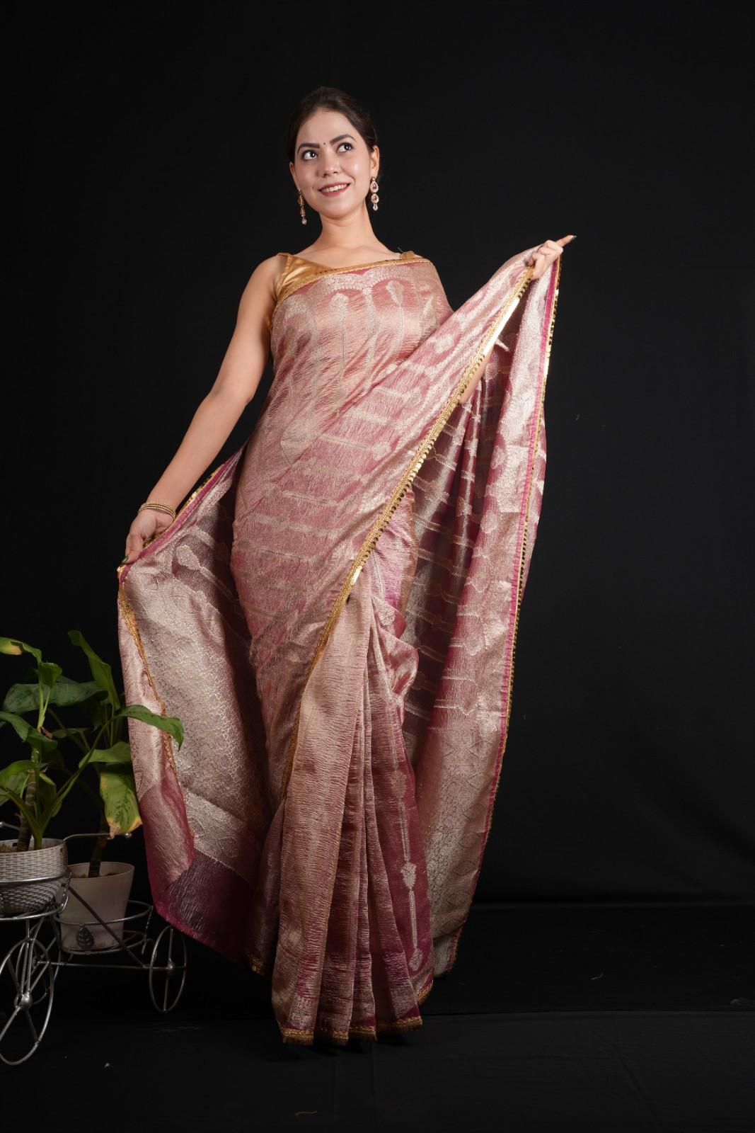 Banarsi Soft Crushed Tissue Silk  With Golden Tikili Lace & All Over Zari Woven Pre Drape Saree