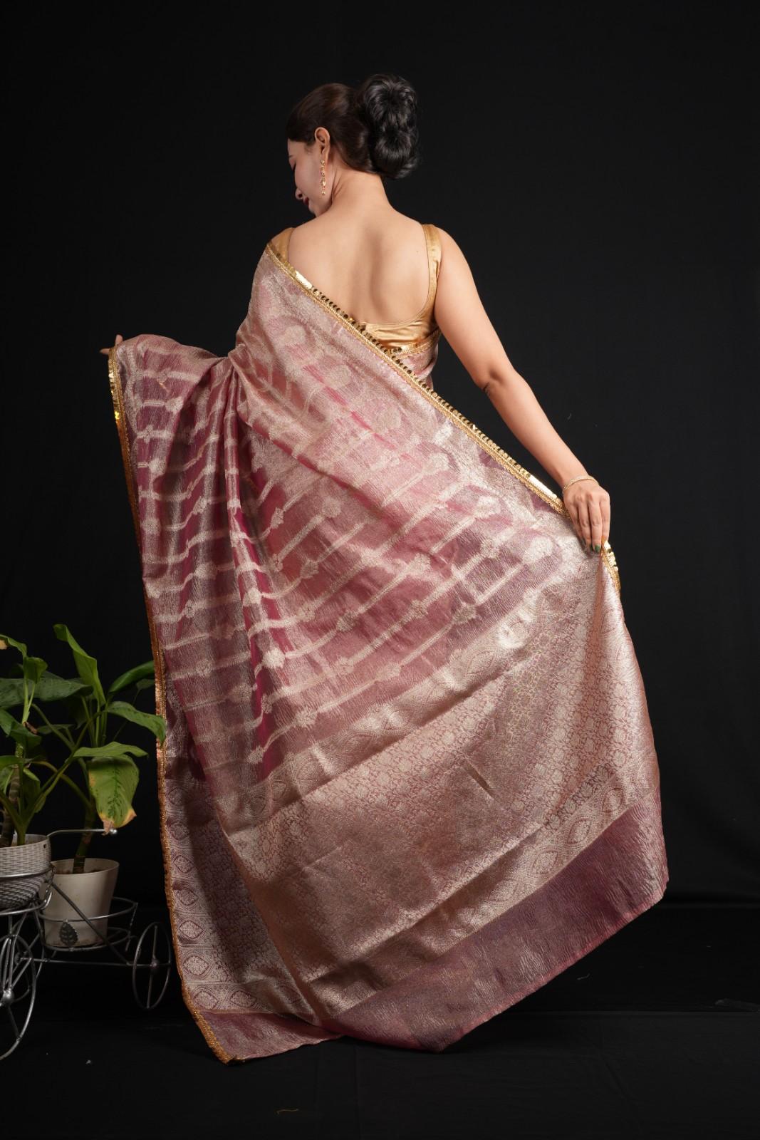 Banarsi Soft Crushed Tissue Silk  With Golden Tikili Lace & All Over Zari Woven Pre Drape Saree