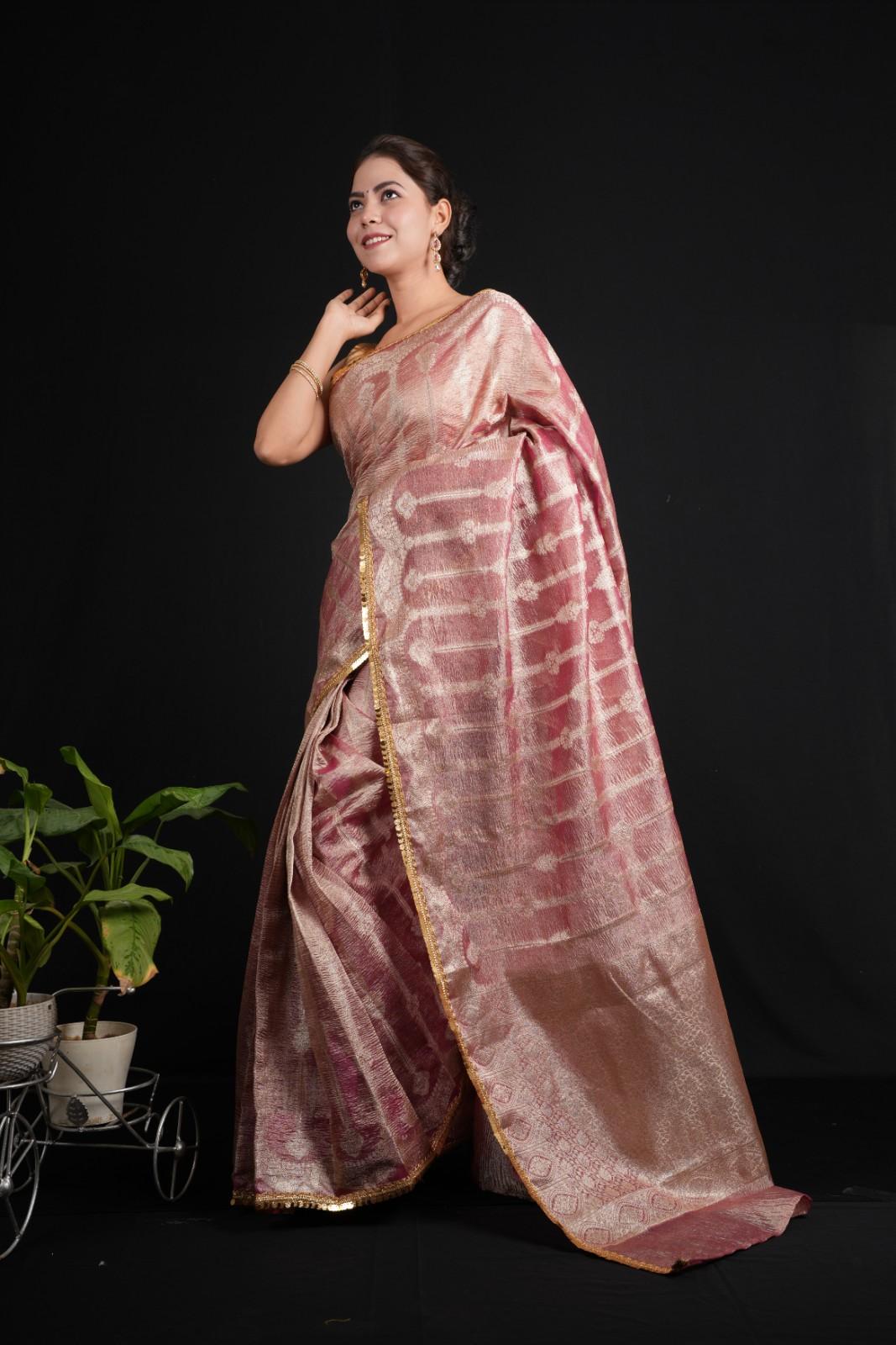 Banarsi Soft Crushed Tissue Silk  With Golden Tikili Lace & All Over Zari Woven Pre Drape Saree