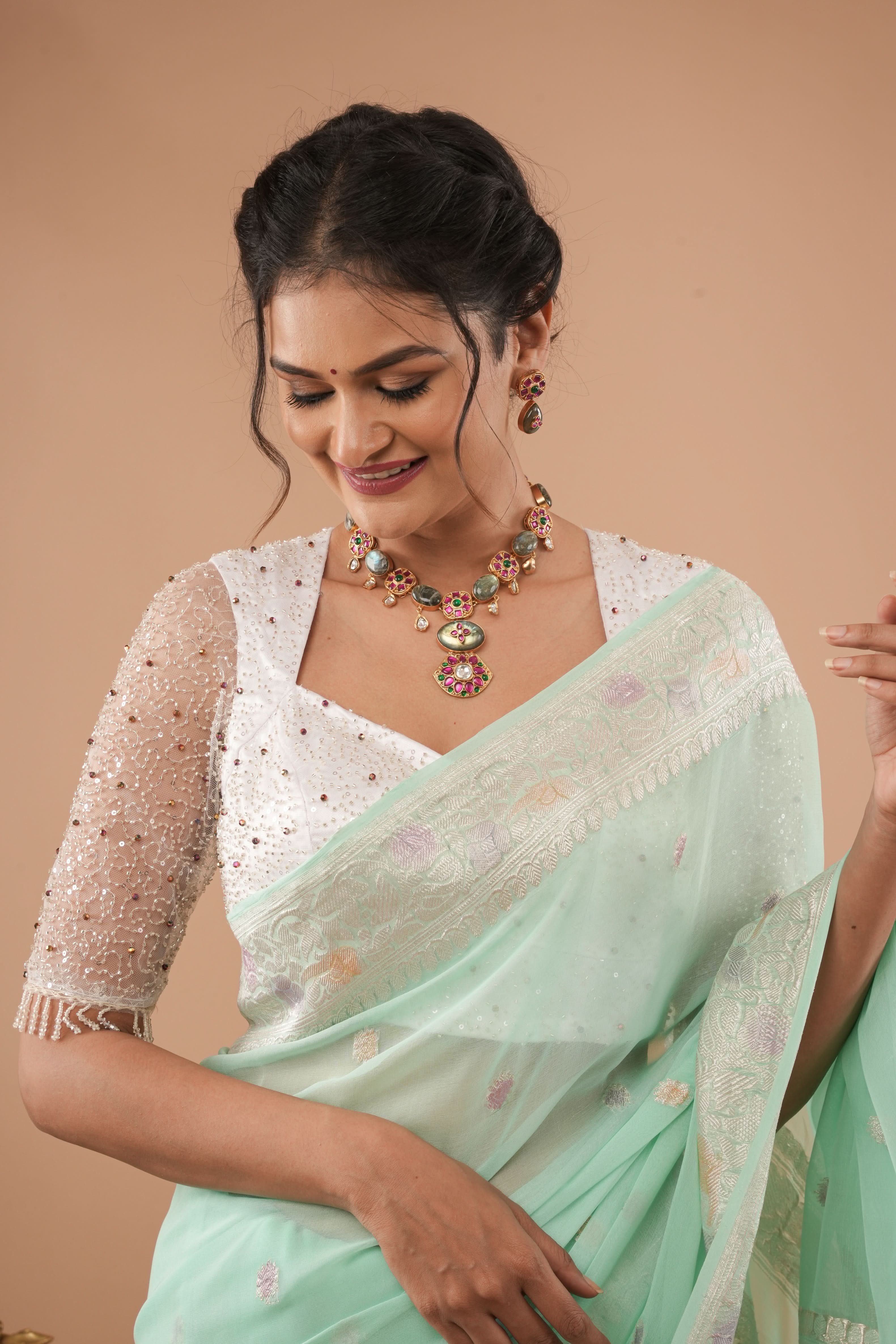 White Blouse with Beaded Detailing and Sheer Sleeves, Customizable, Made to Order | Shobitam