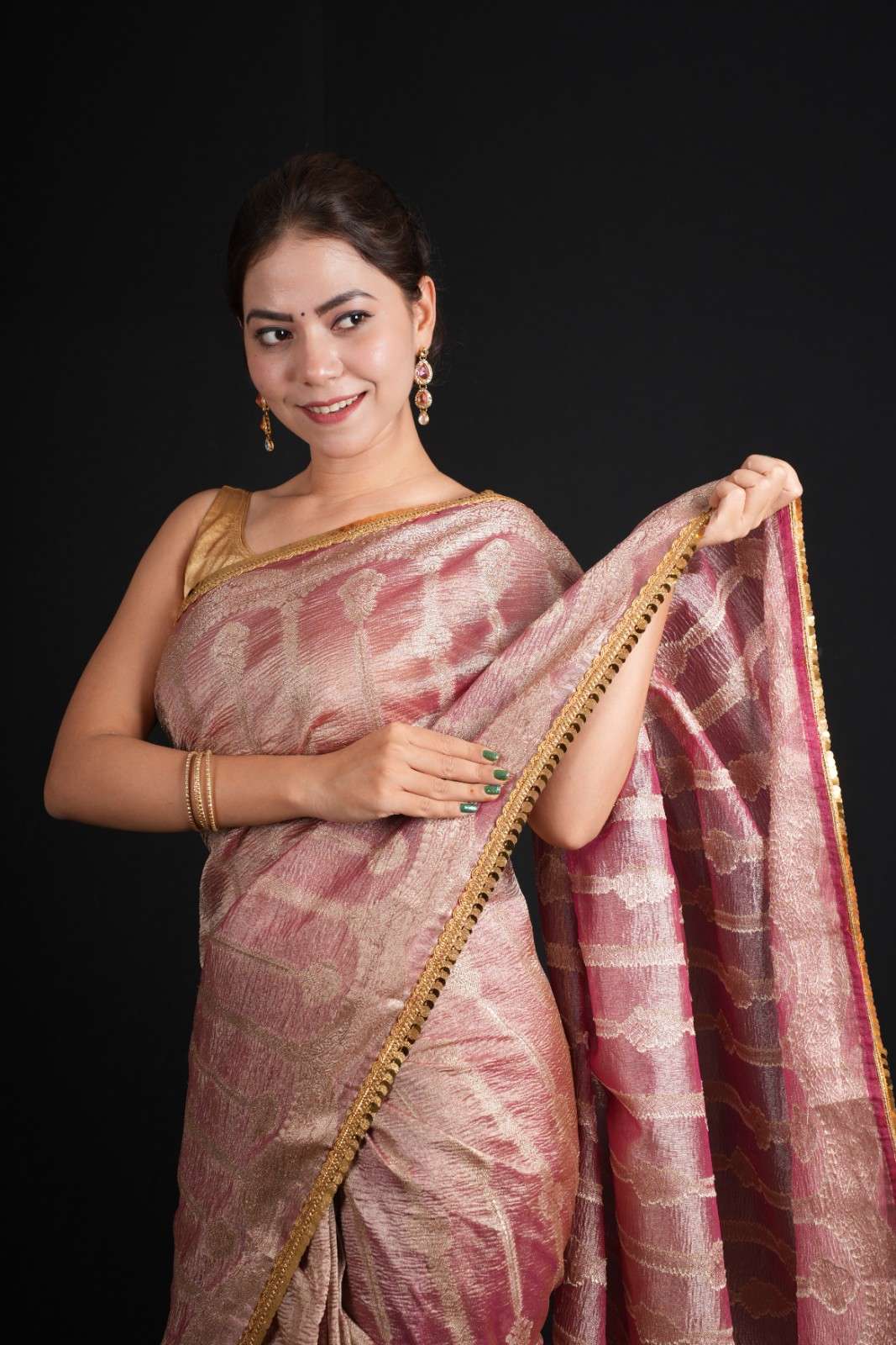 Banarsi Soft Crushed Tissue Silk  With Golden Tikili Lace & All Over Zari Woven Pre Drape Saree