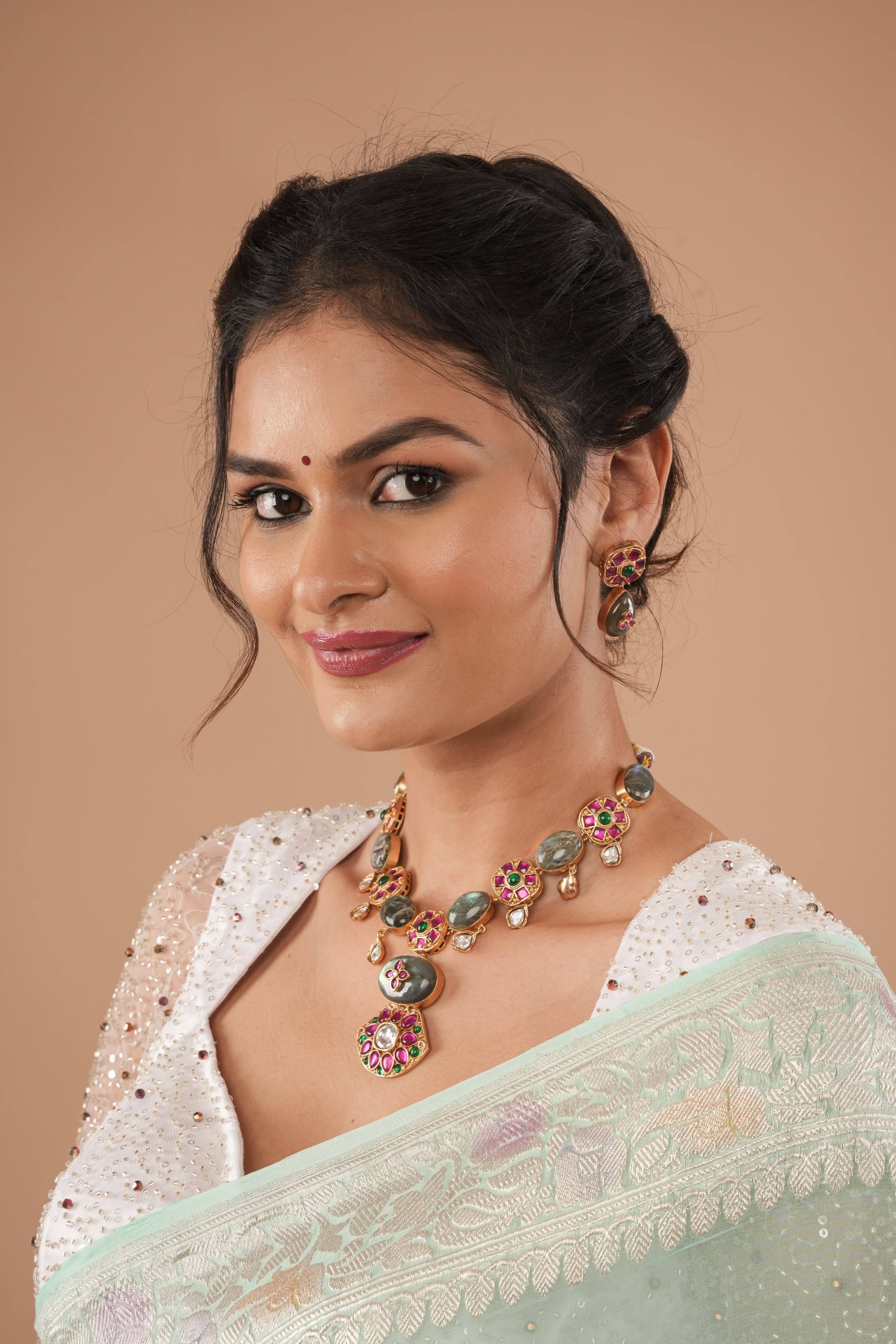 White Blouse with Beaded Detailing and Sheer Sleeves, Customizable, Made to Order | Shobitam