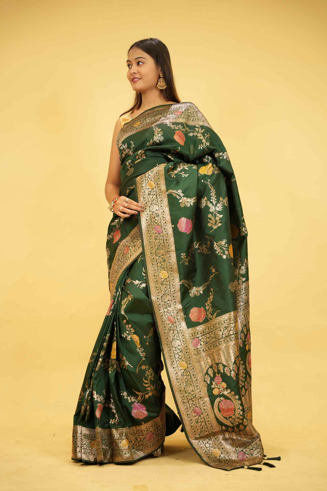 Soft Silk Banarasi Meenakari weave with Beautiful Tassels on Pallu Ready to wear Saree