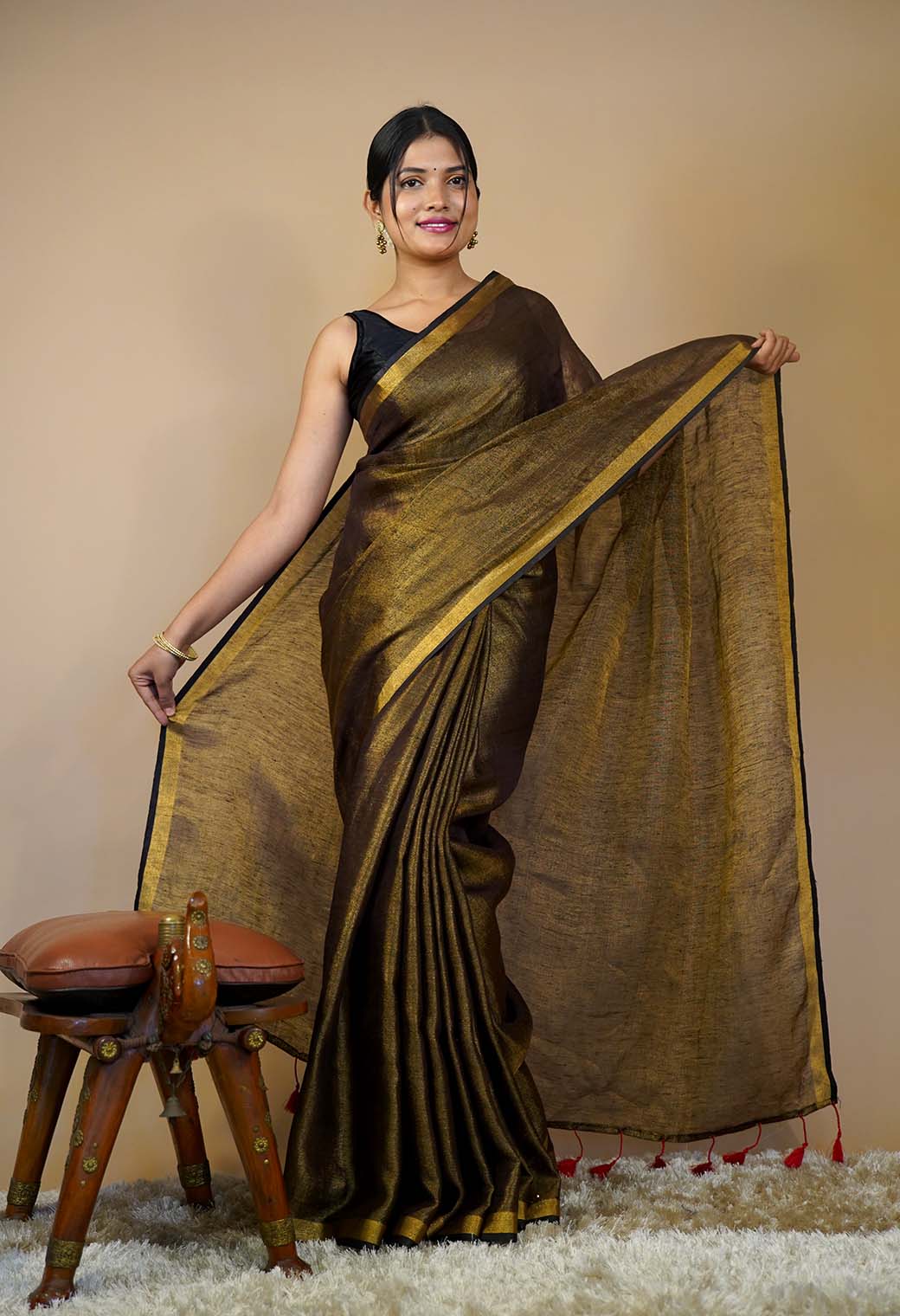 Buy AKS Brown & Black Kalamkari Print Ruffled One Minute Saree - Sarees for  Women 8707317 | Myntra