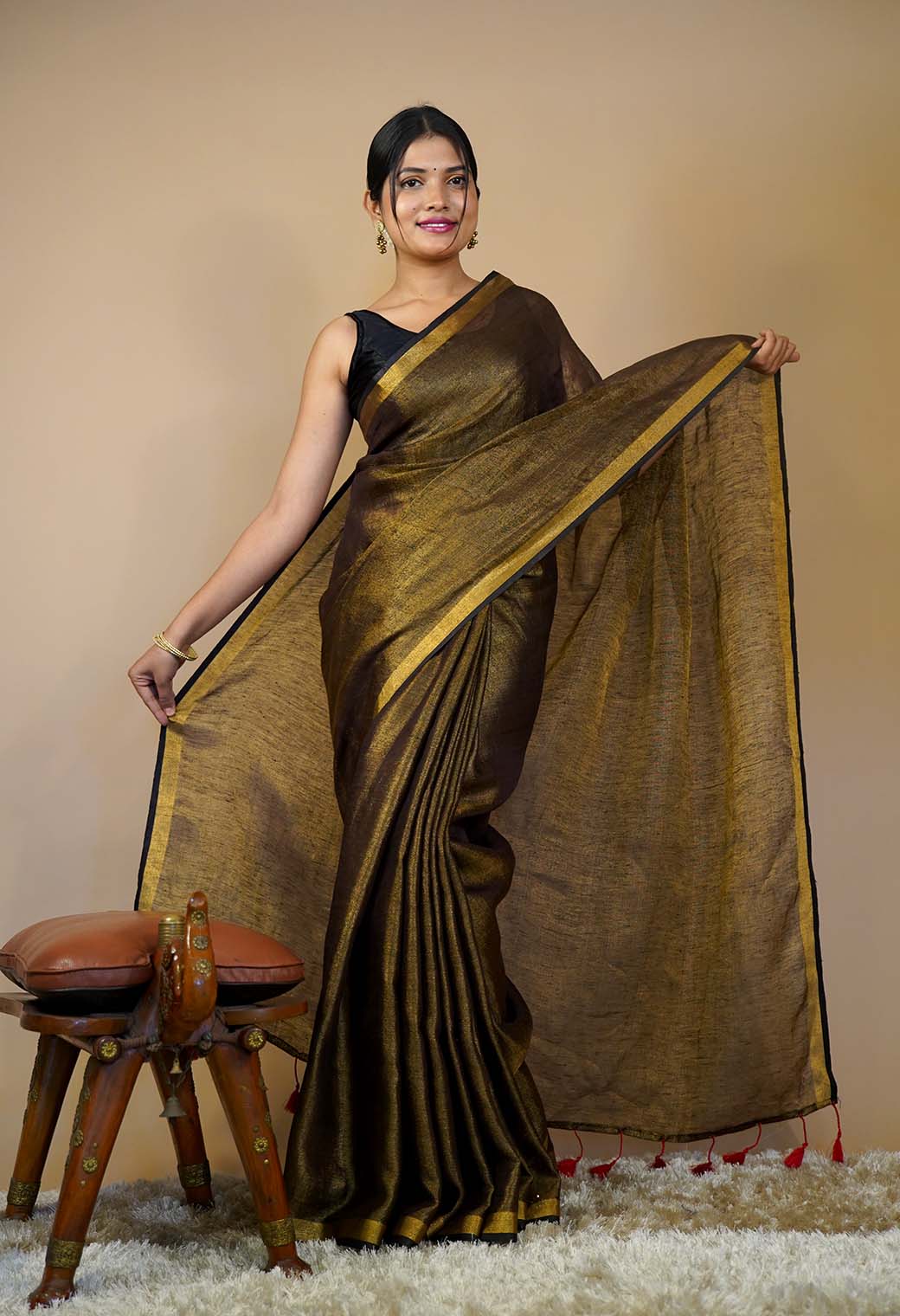 Ready To Wear Black & Gold Metallic Tissue Handloom With Tassels On Pallu Wrap In One Minute Saree