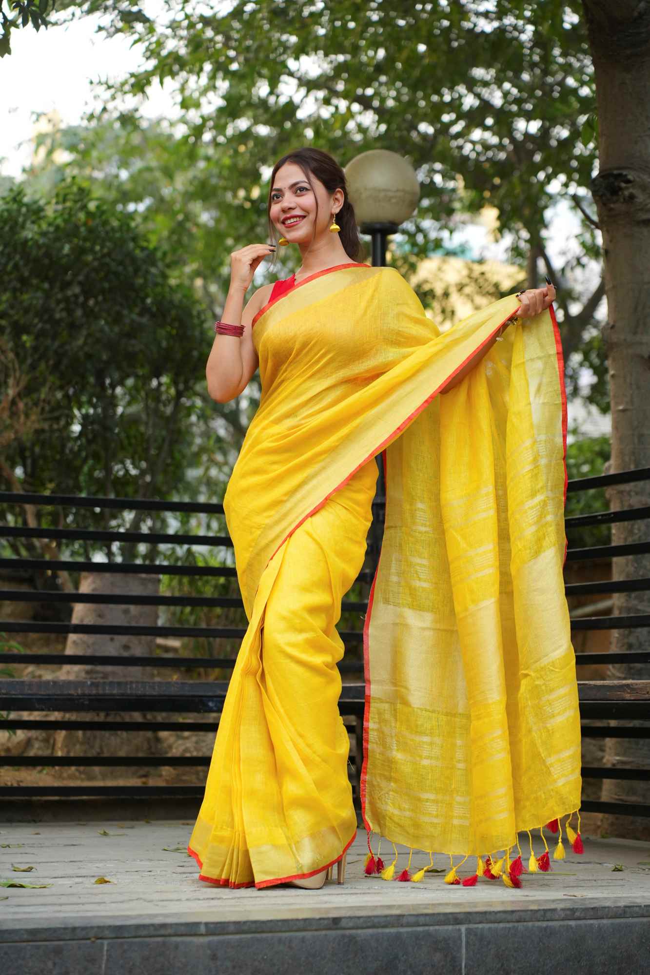 Pure Linen Ready to Wear Saree with striking red border