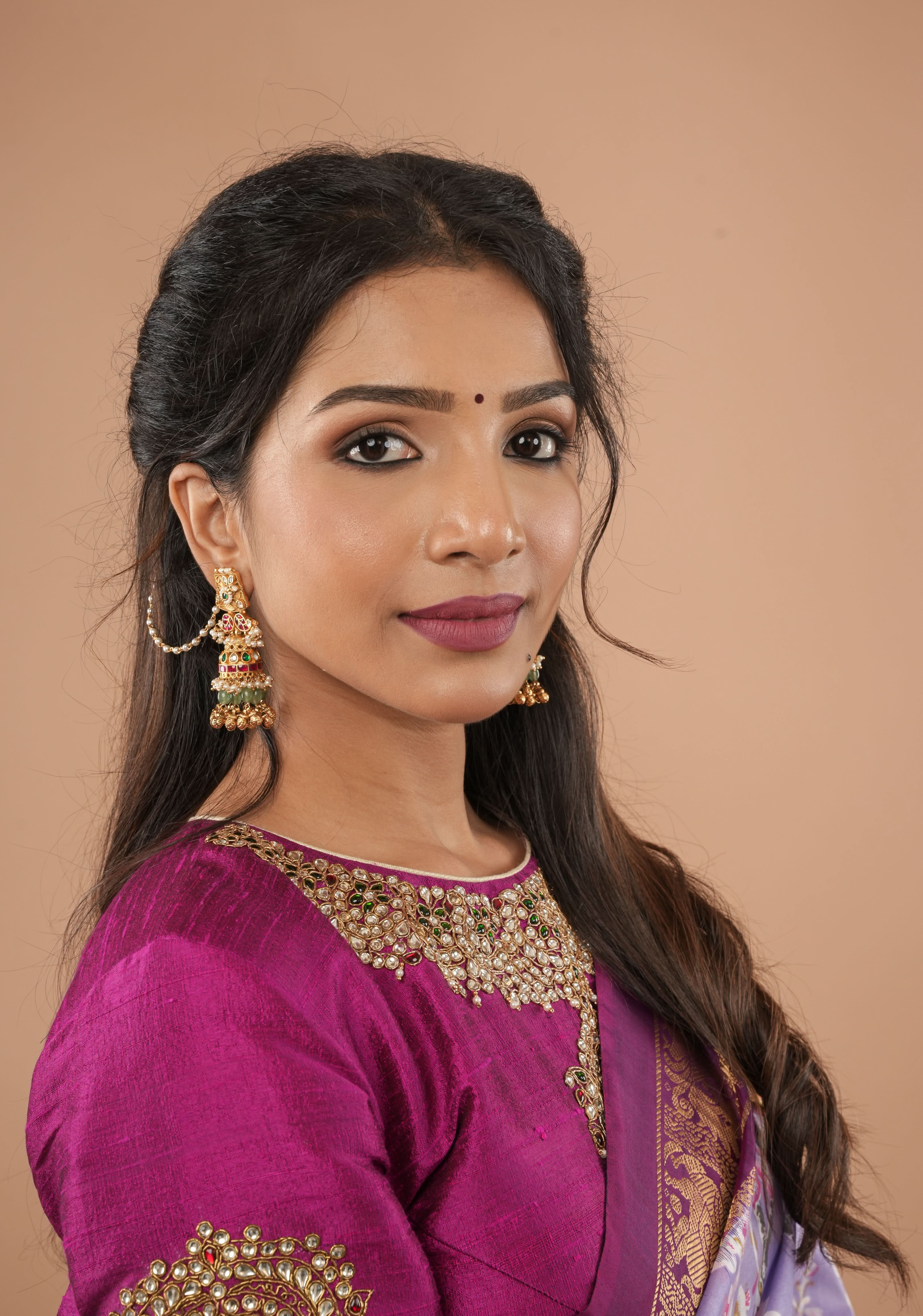 Fuchsia pure raw silk blouse with Kundan necklace and bajuband handwork and unique back cutout | Made to Order | Shobitam