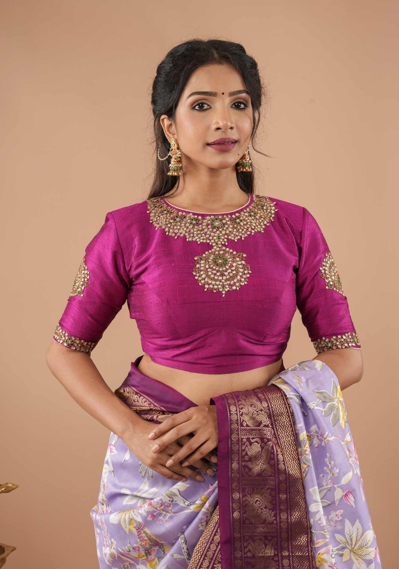 Fuchsia pure raw silk blouse with Kundan necklace and bajuband handwork and unique back cutout | Made to Order