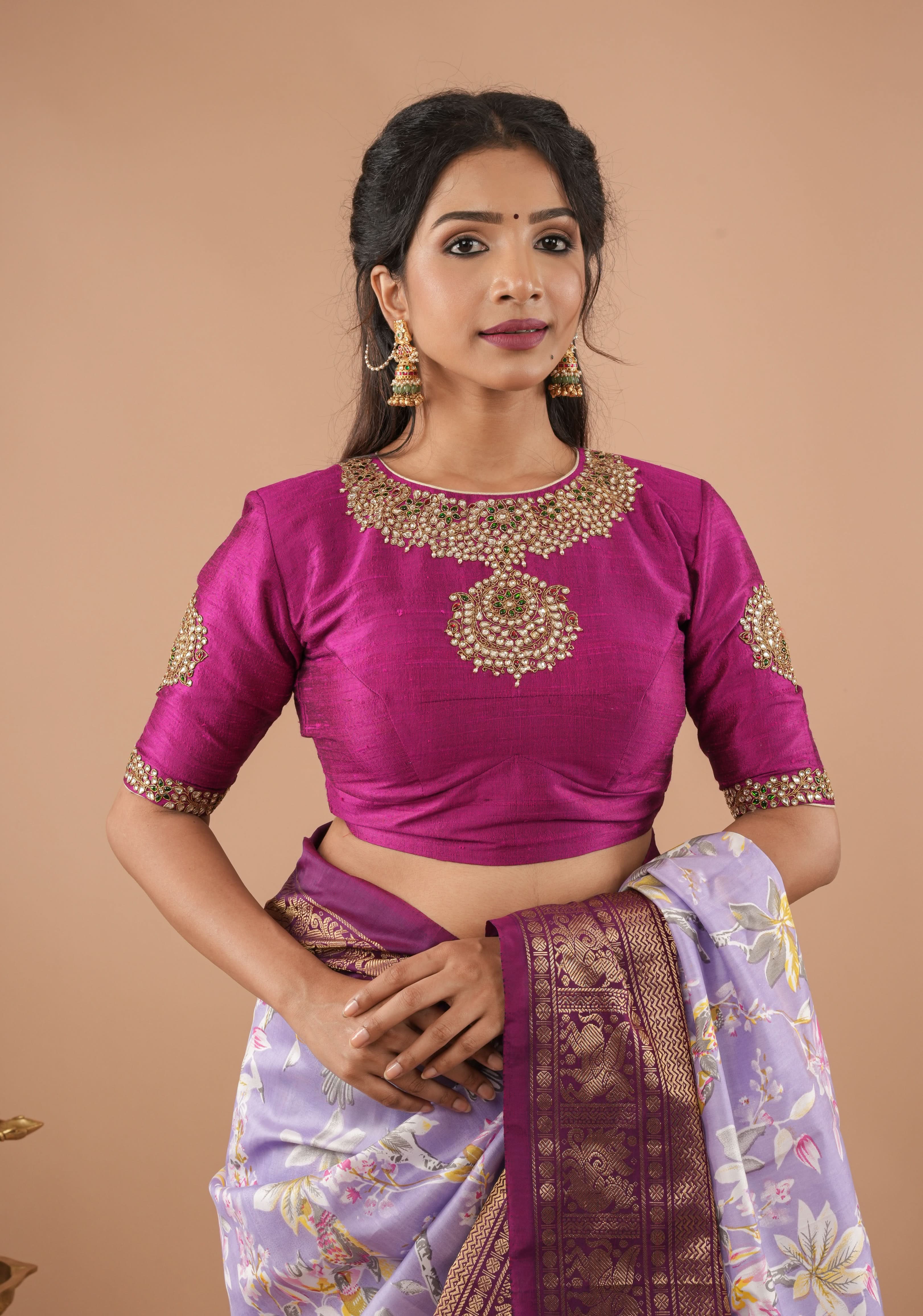 Fuchsia pure raw silk blouse with Kundan necklace and bajuband handwork and unique back cutout | Made to Order | Shobitam