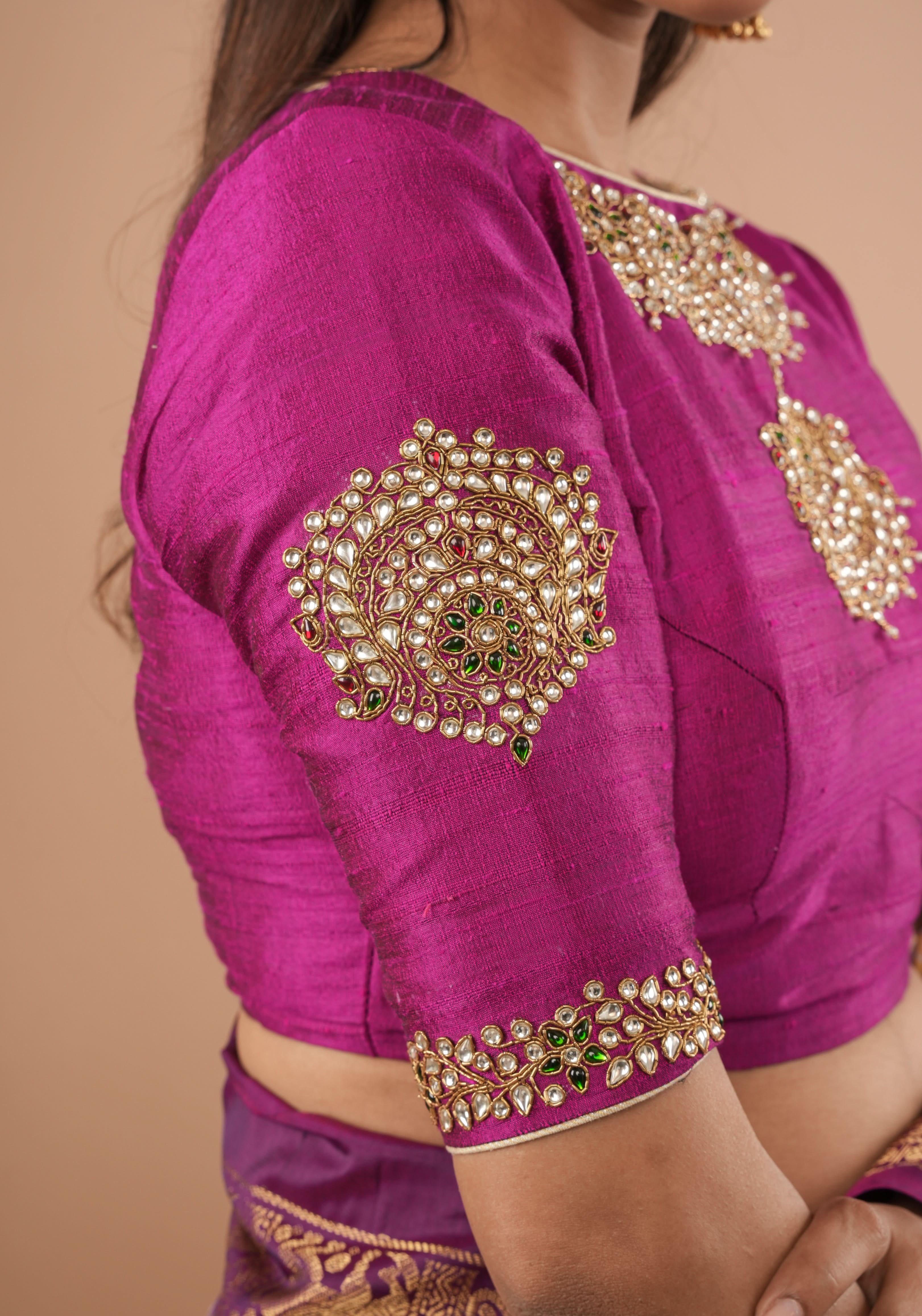 Fuchsia pure raw silk blouse with Kundan necklace and bajuband handwork and unique back cutout | Made to Order | Shobitam