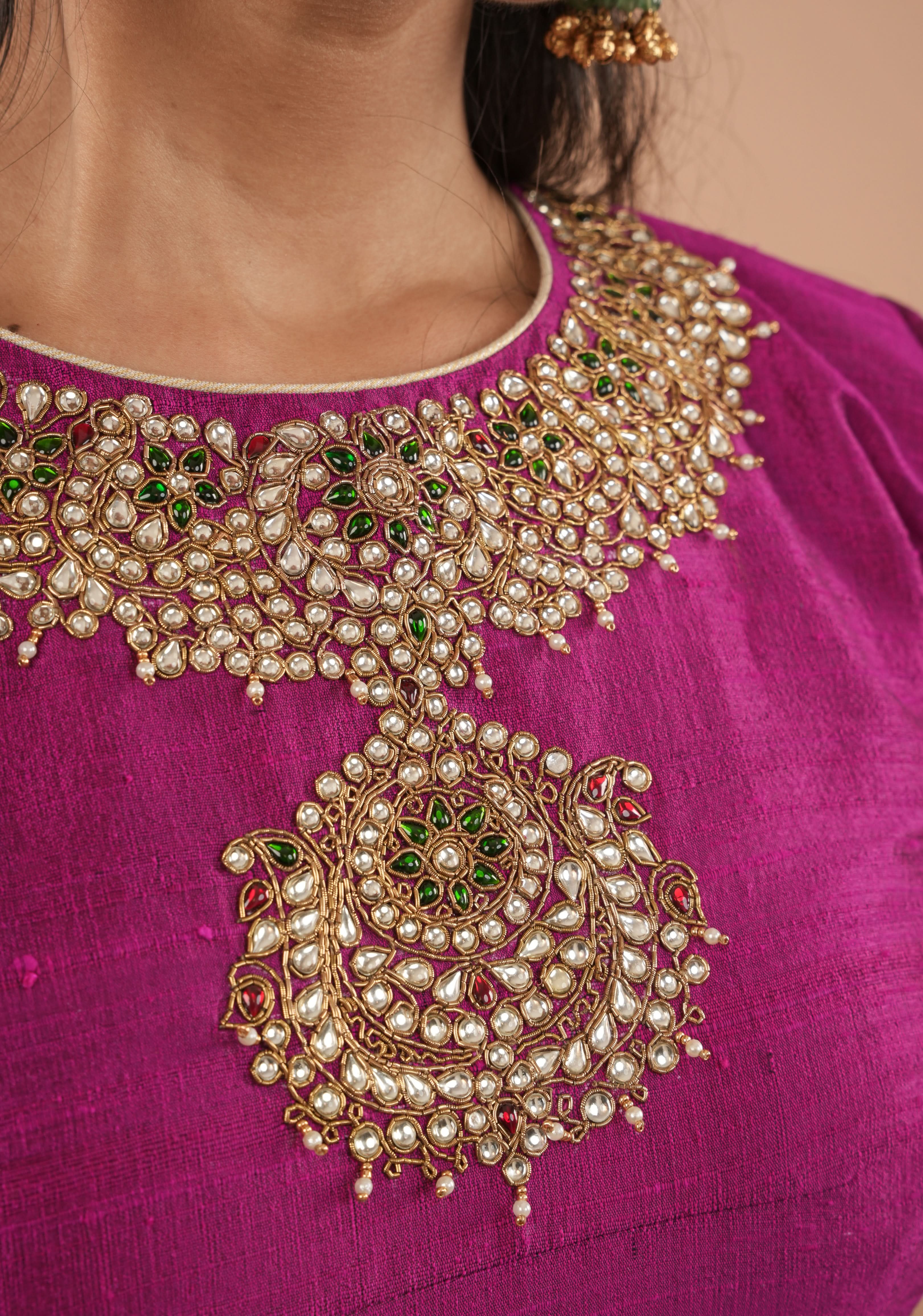 Fuchsia pure raw silk blouse with Kundan necklace and bajuband handwork and unique back cutout | Made to Order | Shobitam