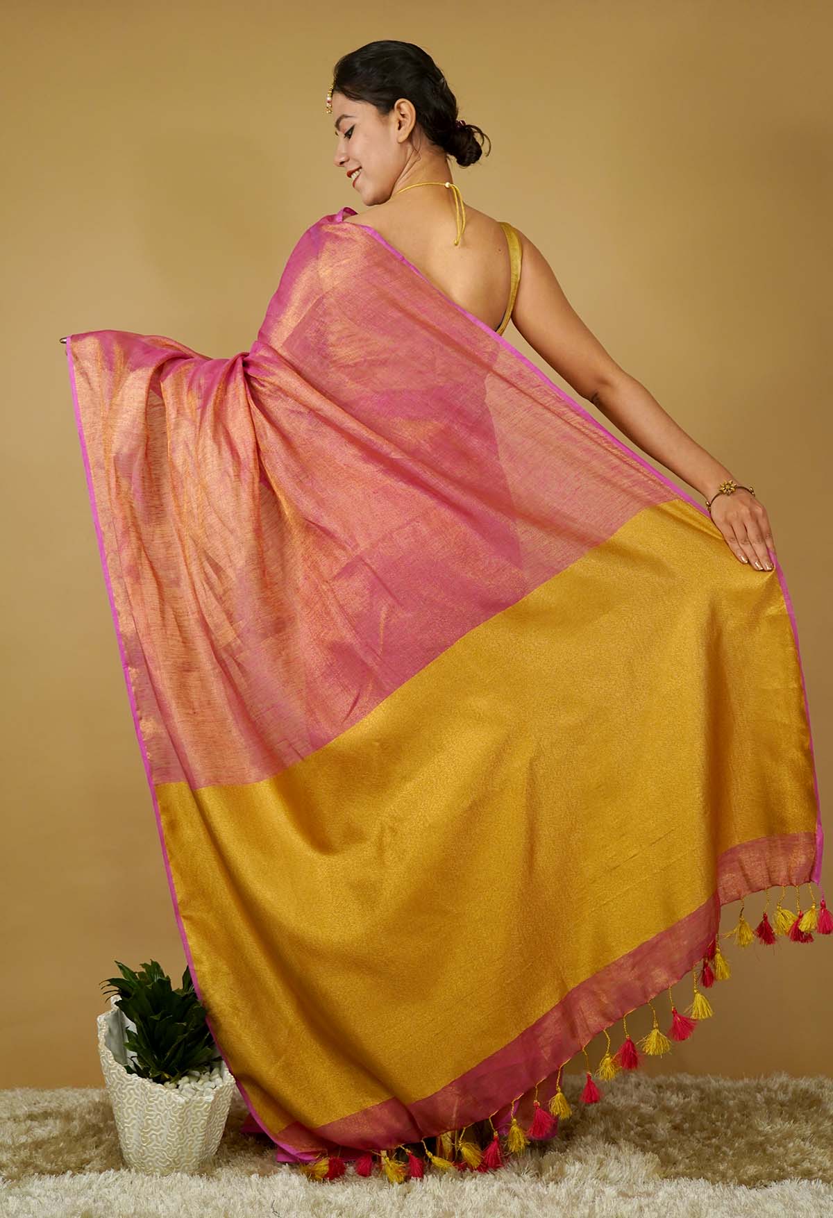 Pink & Gold Copper Handloom Bhagalpuri Linen Silk With Tassels on Pallu Wrap In One Minute saree
